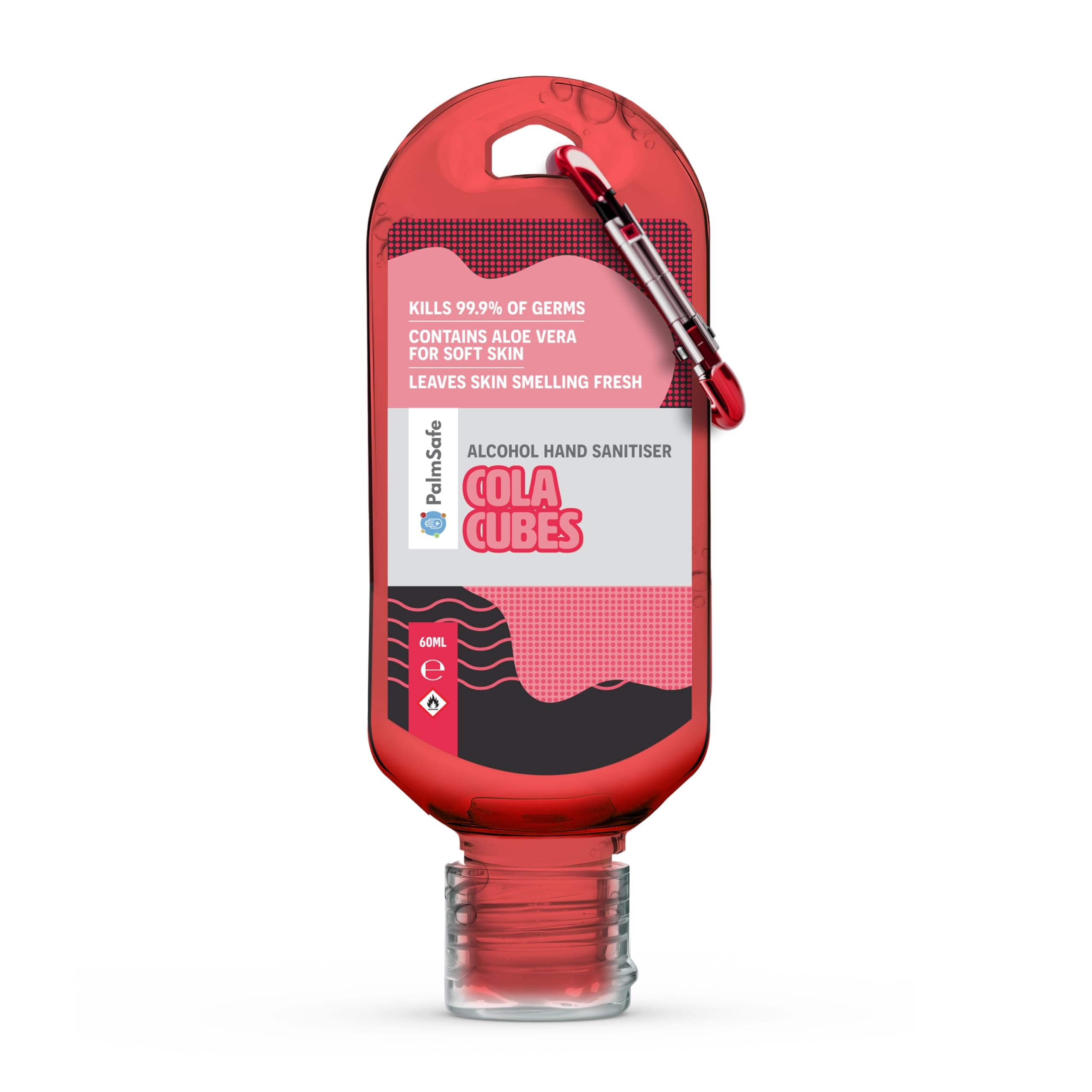 Palm Safe Cola Cubes 60ml Anti Bacterial Premium Hand Sanitiser Travel Size Refillable Clip Bottle Quick Drying Non Sticky Extra Moisturising Kills 99.9% of Viruses and Bacteria