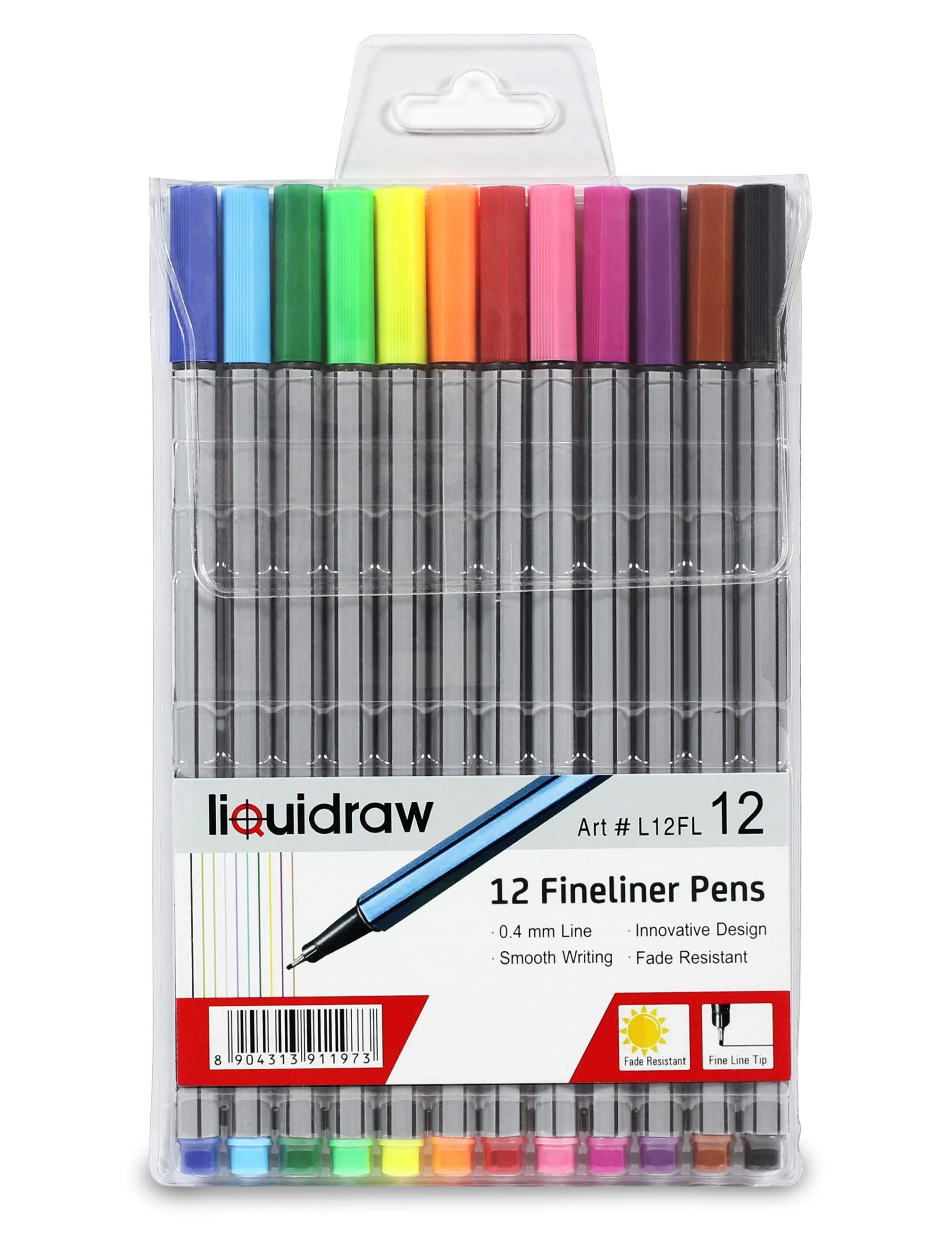 Multicolour Fineliner Pens - Set of 12 Assorted Colours | Fine Point 0.4 mm Tip | Storage Wallet | Coloured Pens For Artists, Handwriting, Drawing, Sketching | Fade Resistant Ink
