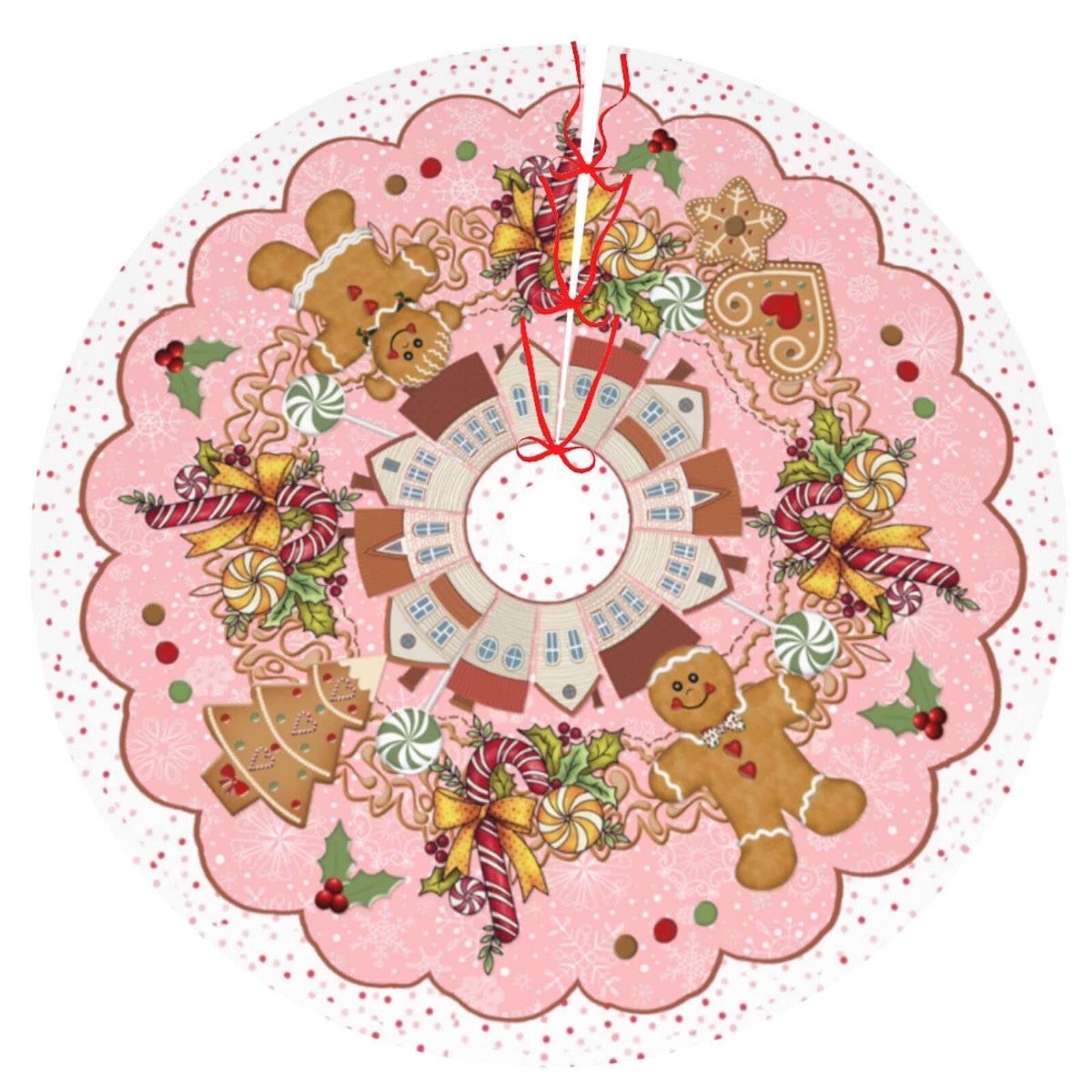 Cute Gingerbread Candy 48" Christmas Tree Skirt, Large Tree Mat Base Cover for Xmas Festive Holiday Party Ornaments Decoration