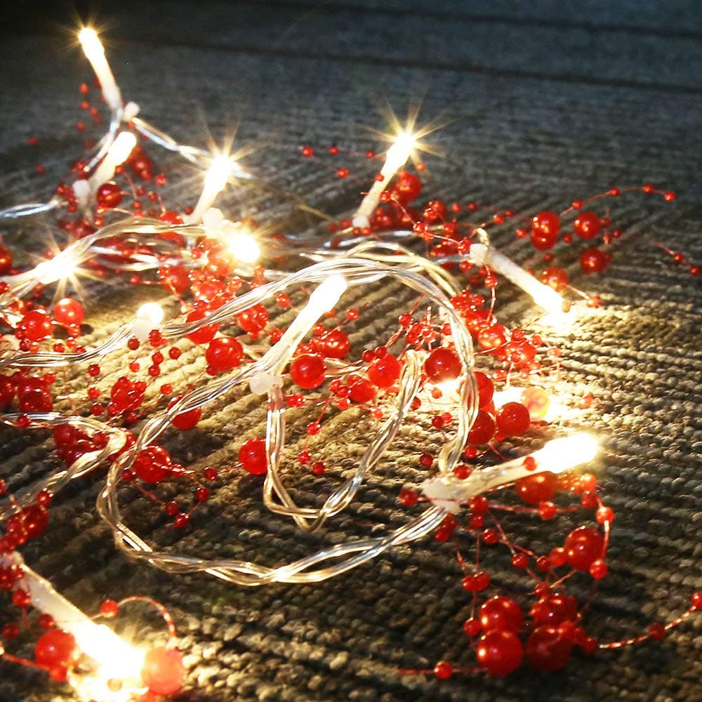 Leideur String Lights Red Berry Garland Lighted Berry-Beaded Garland Battery Operated 3 Modes 20 LED Holiday Indoor Christmas Decorations Lights 9.8ft(Light Color:Warm White) (Red)