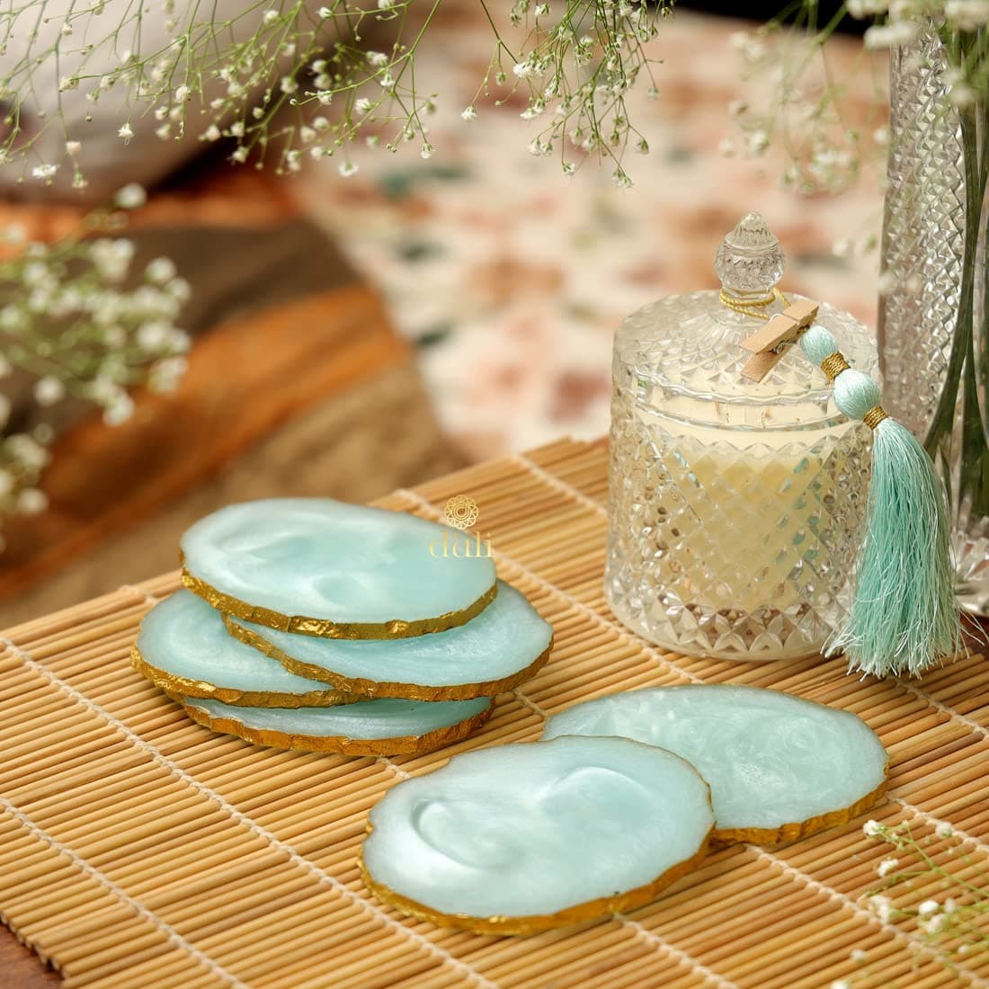 DULI Set of 6 Resin Coasters Tea,Coffee Coasters (10 * 8 cm) (Aqua)