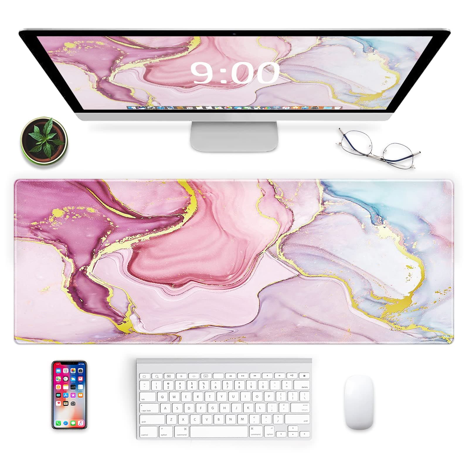 Galdas Gaming Mouse Pad Cool Flash Pattern XXL XL Large Mouse Pad Long Extended Mousepad Desk Pad Non-Slip Rubber Mice Pads Stitched Edges Thin Pad (31.5x11.8x0.12 Inch) (Pink Marble Pattern)
