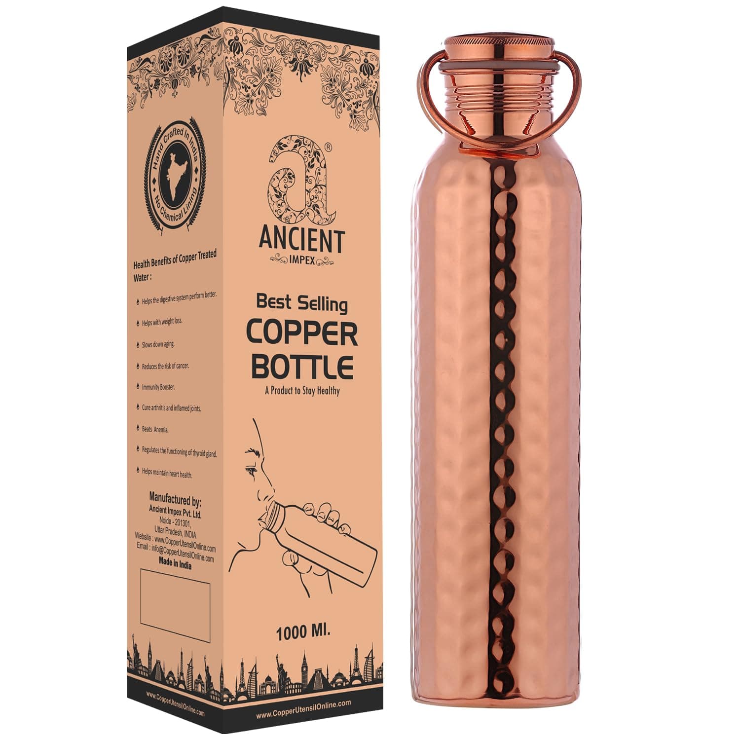 ANCIENTIMPEX Pure Copper Hammered Water Bottle with Carrying Handle – 1000 Ml (33.81 FL Oz) Leak-proof Ayurvedic Copper Water Bottle for Health & Hydration