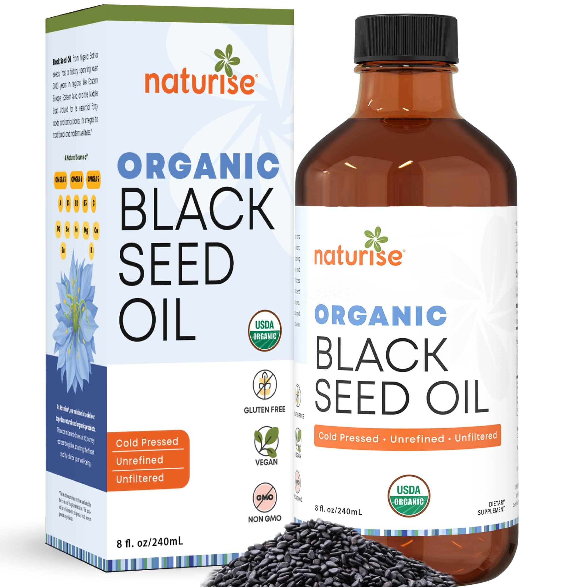 Organic Black Seed Oil (Nigella Sativa, Cumin Seed) Cold Pressed Non-GMO, 8 oz Glass Bottle Source of Essential Fatty Acids, Omega 3 6 9'