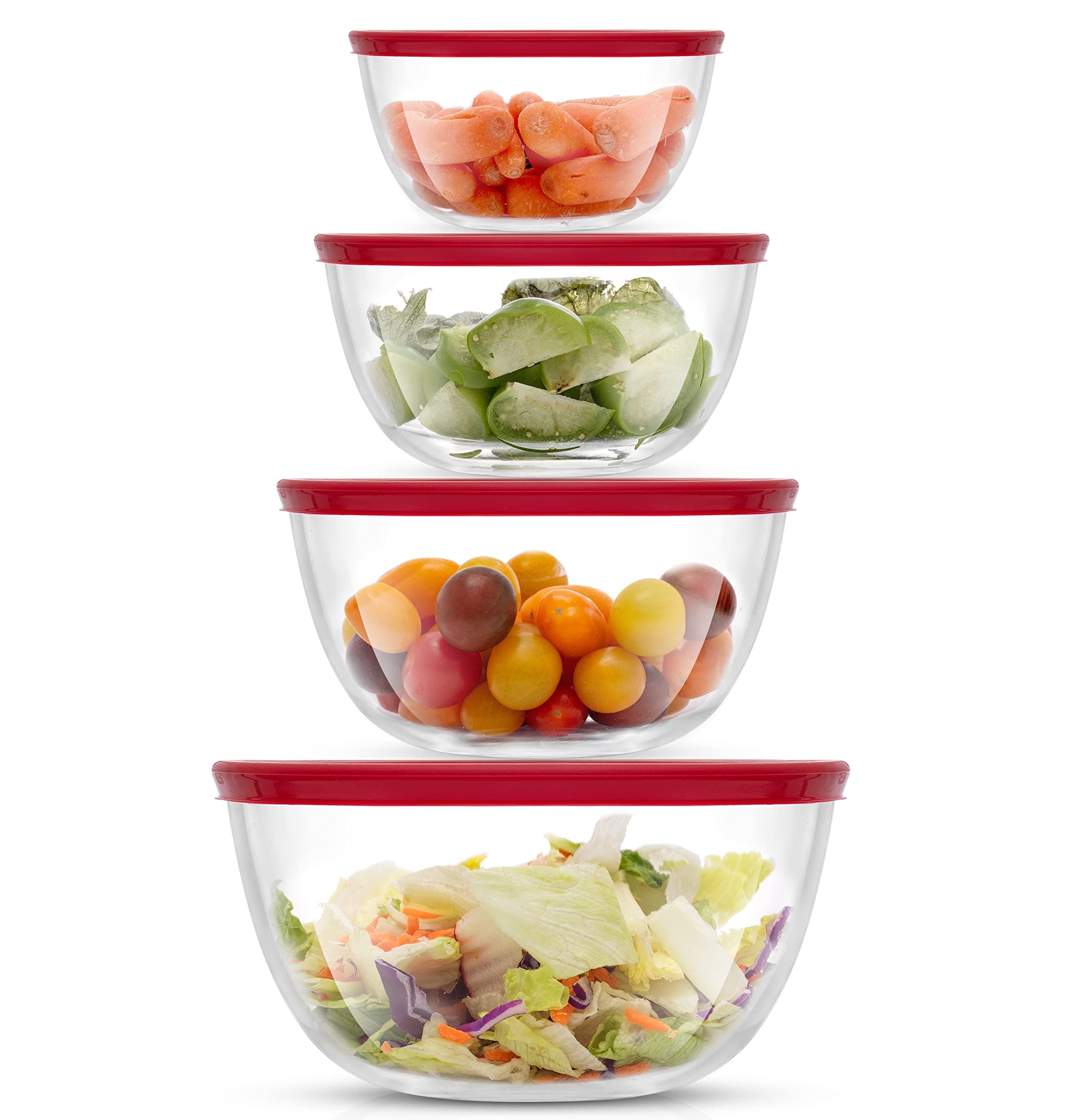 Kitchen Mixing Bowls - 8pc Glass with Lids Set – Neat Nesting Large Bowl Batter Cooking Storage and Big Salad BPA-Free Red