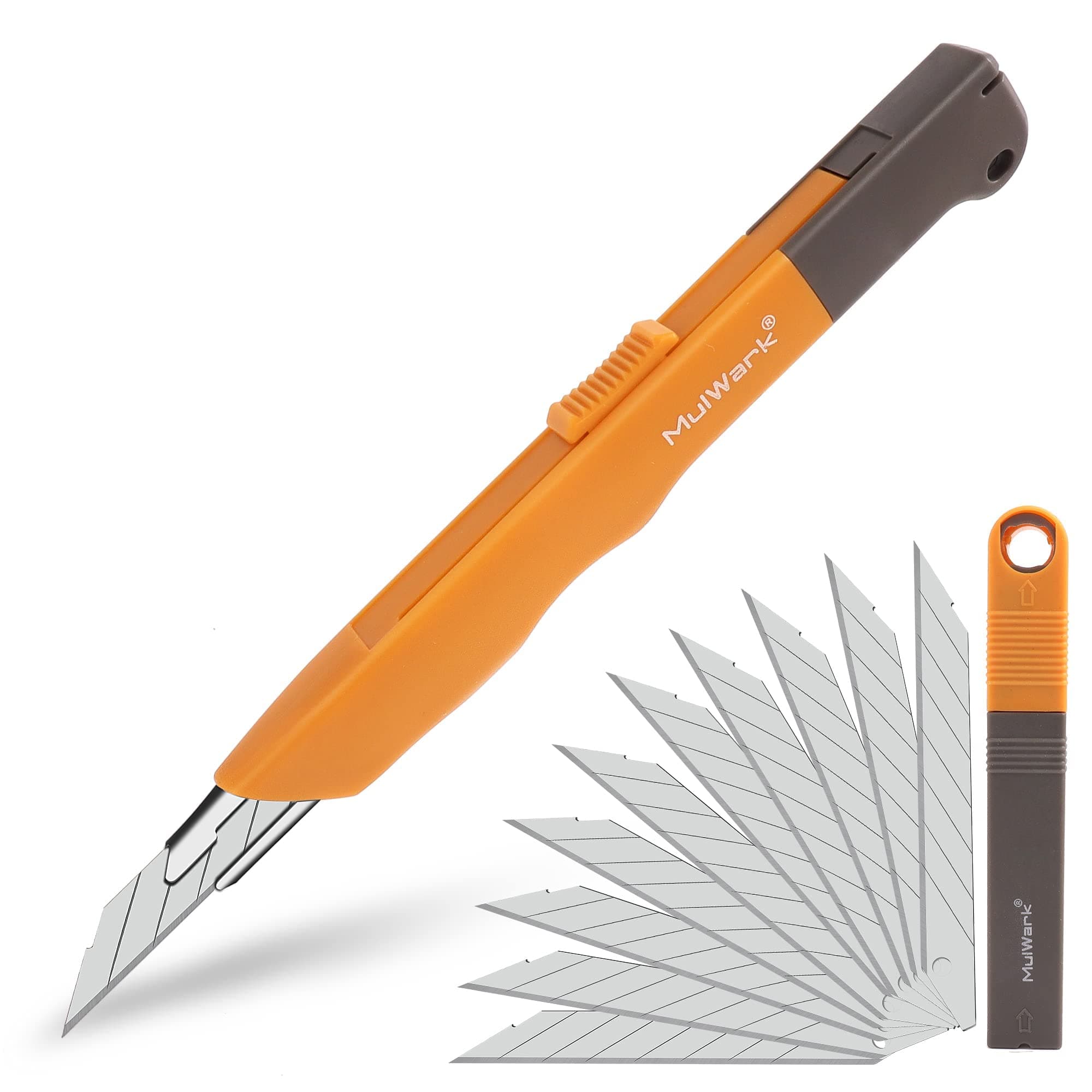 Mulwark 11PC Box Cutter Retractable Utility Knife Set - Heavy Duty Craft Knife with 10PC Sharp Snap-off 9MM 30 Degree Blades for Precision Cutting