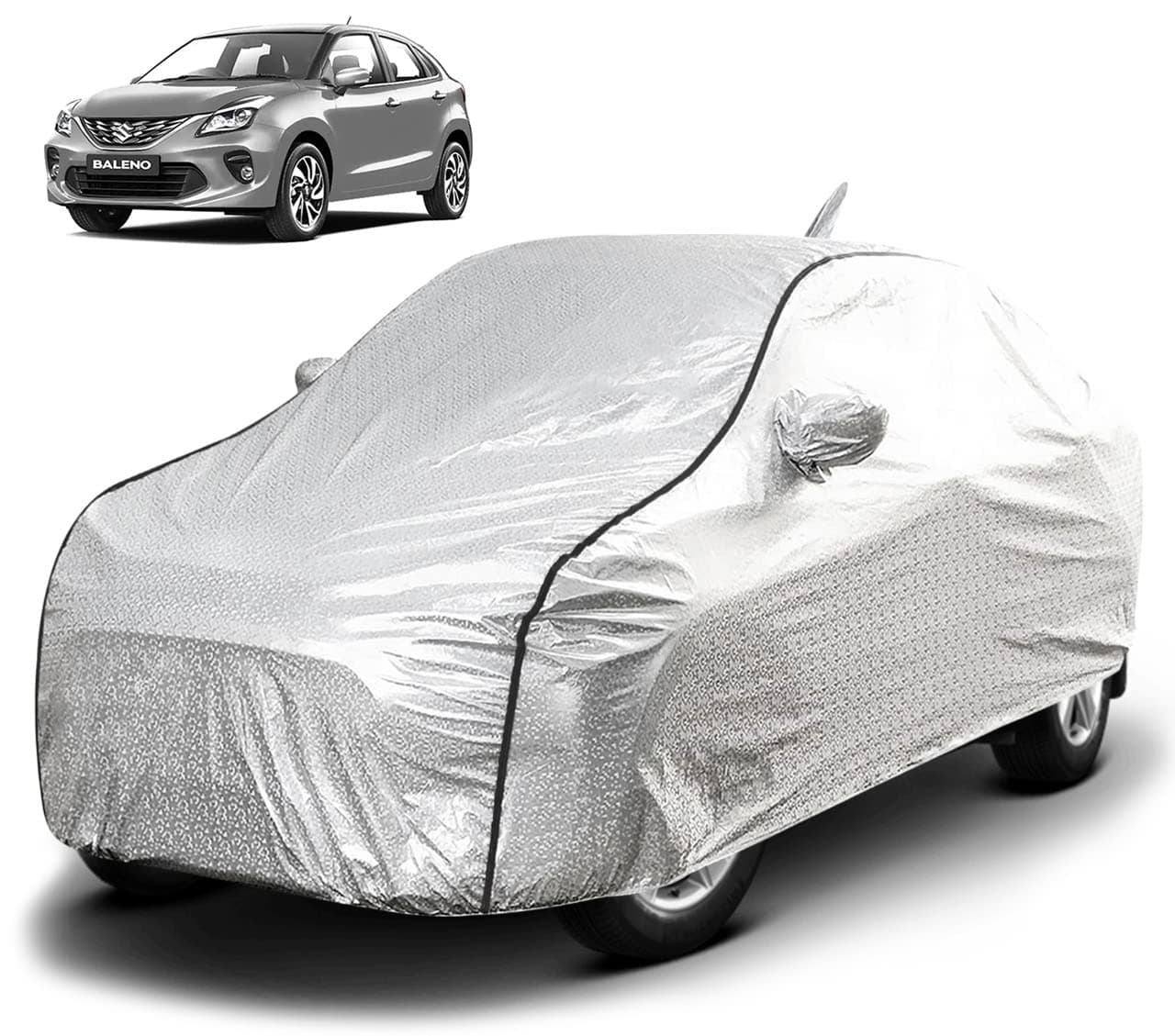 Fabtec Waterproof and Heat Resistant Metallic Silver Mirror and Antenna Pocket Car Body Cover for Maruti Baleno with Soft Cotton Lining (Full Bottom Elastic, Full Sized, Triple Stitched)