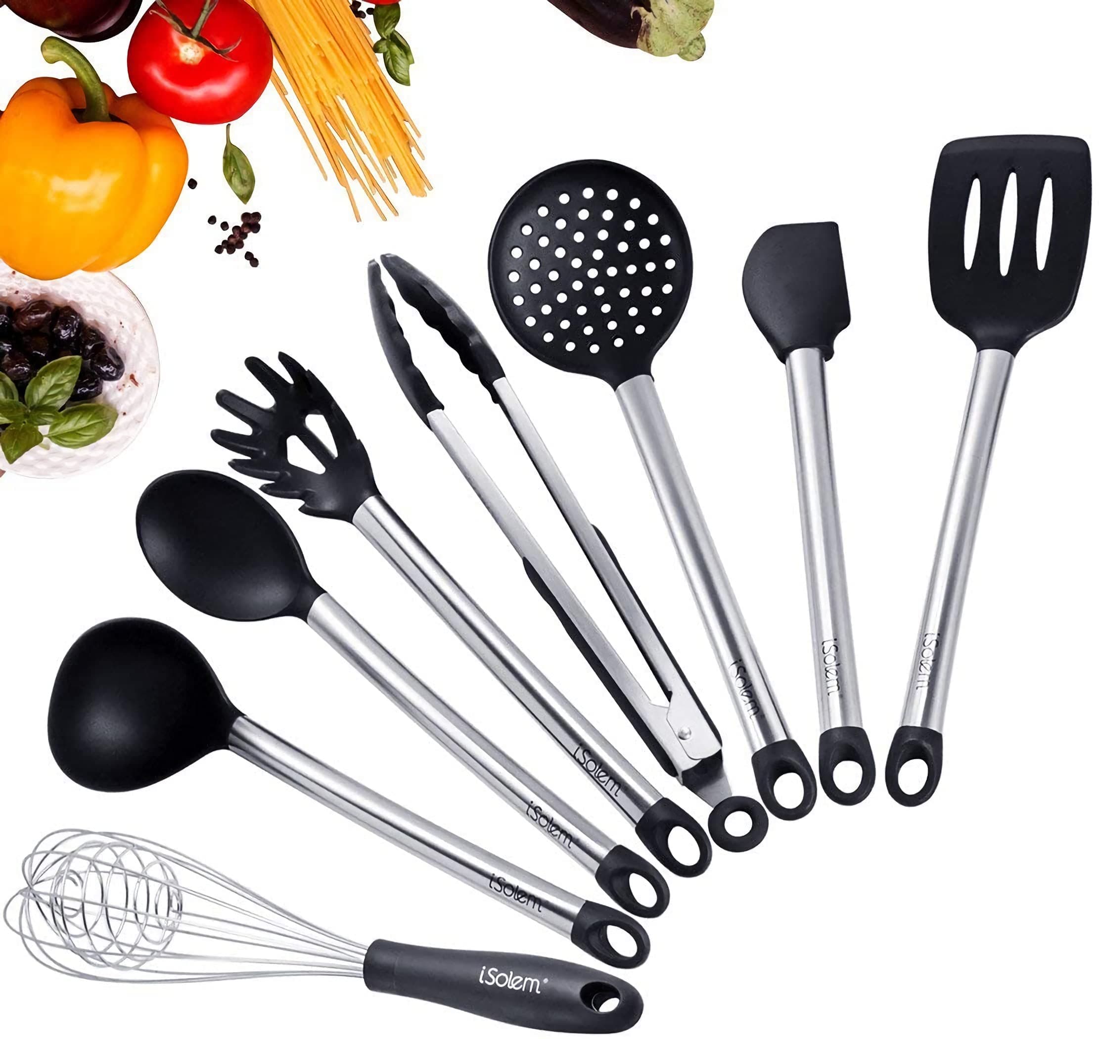 Silicone Kitchen Utensils, iSolem 8 Piece Cooking Utensils Set Nonstick Stainless Steel Kitchen Tools – Serving Tongs, Spoon, Flex Spatula, Pasta Server, Ladle, Strainer, Whisk, Spatula Tool