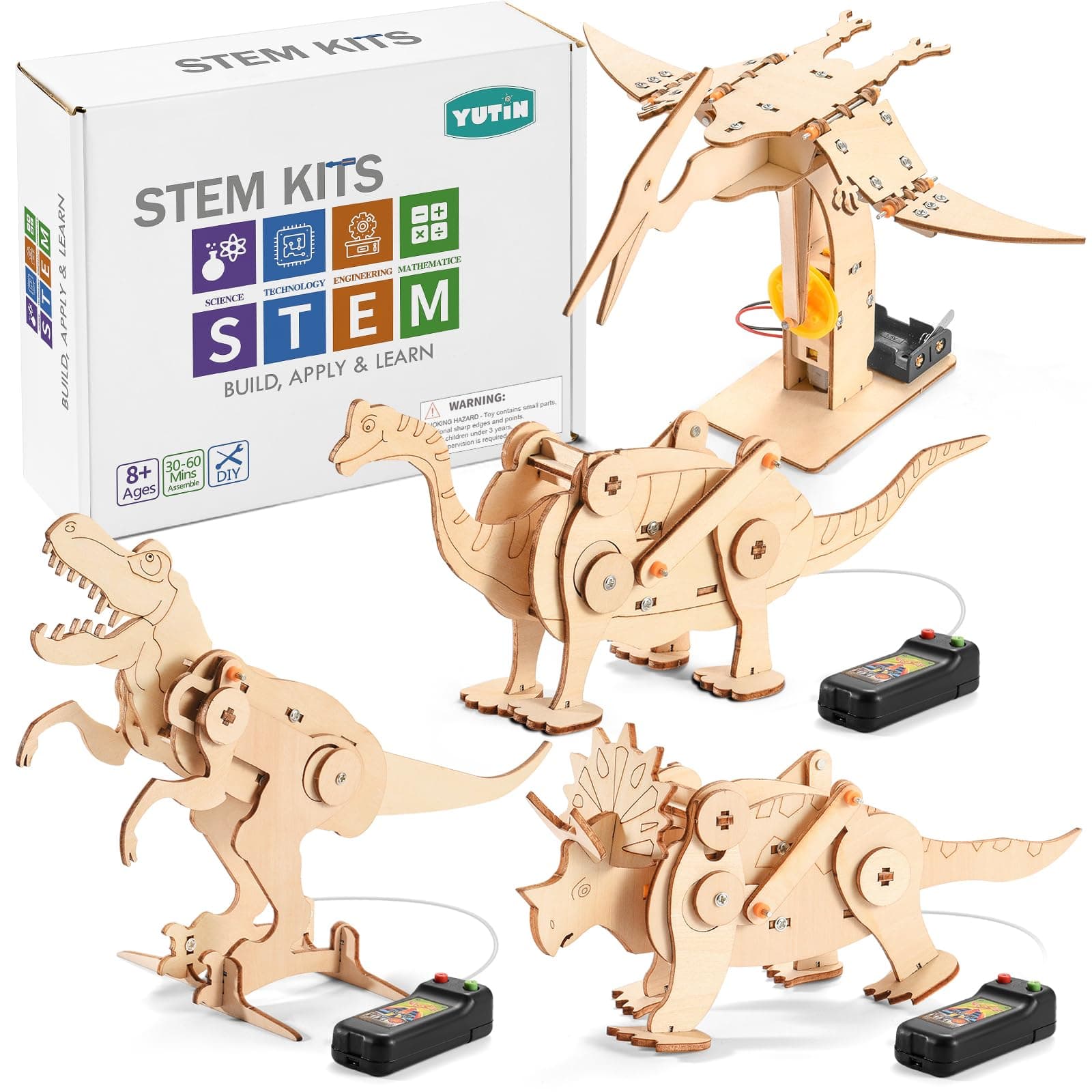 Dinosaur STEM Kits for Kids Ages 8-10-12, 4 in 1 Wood Building Toys for Boys Age 8-12, Build It Yourself Woodworking Kit, DIY 3D Wooden Puzzles Model Science Crafts for Kids, Stem Projects