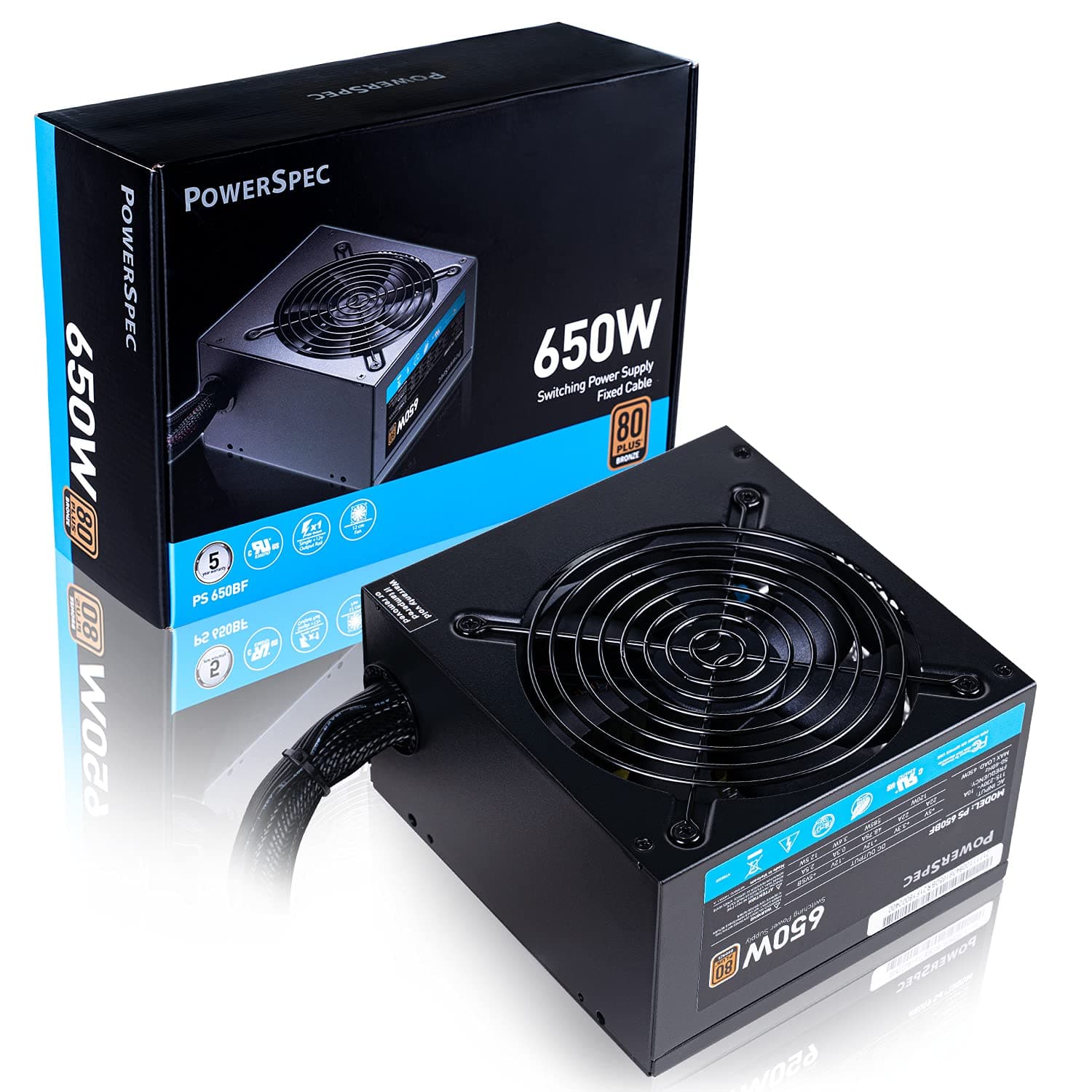 PowerSpec 650W Power Supply 80 Plus Bronze Certified Fixed Cable Non-Modular ATX PSU Active PFC SLI Crossfire Ready Gaming PC Computer Switching Power Supply, PS 650BF
