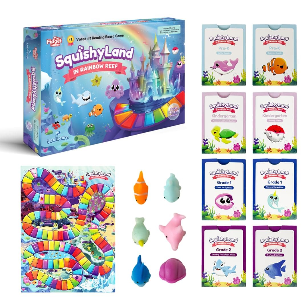 The Fidget Game SquishyLand in Rainbow Reef - Educational & Phonics Learning Activities for Children in Pre-K to 2nd Grade - Mochi Squishy Toys Set with Board Game (2-6 Players) & Card Packs Included