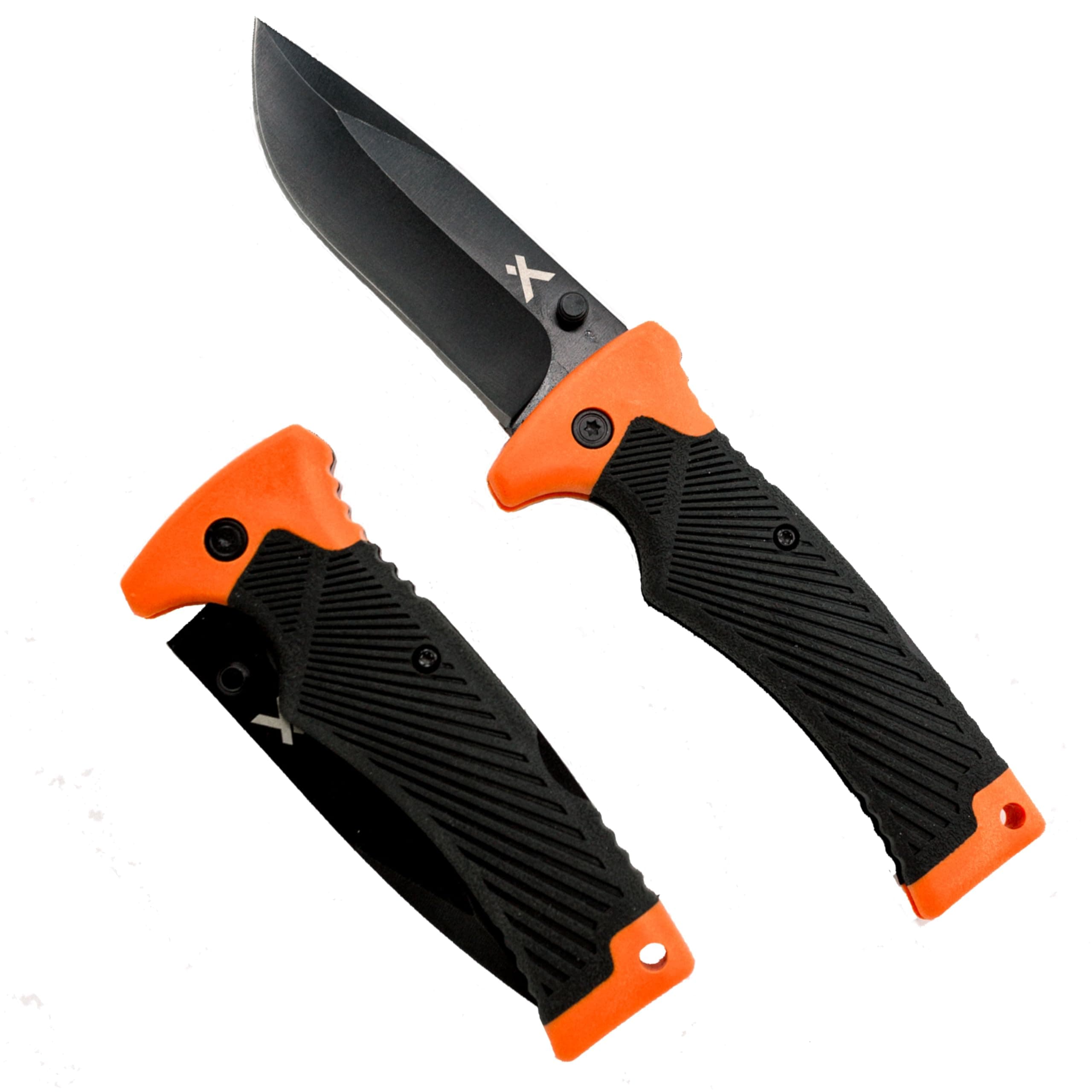 Ultimate Folding Knife, 3.6" Steel Blade, EDC Knife with Rubberized Grip, Includes Sheath with Belt Loop - Black and Orange
