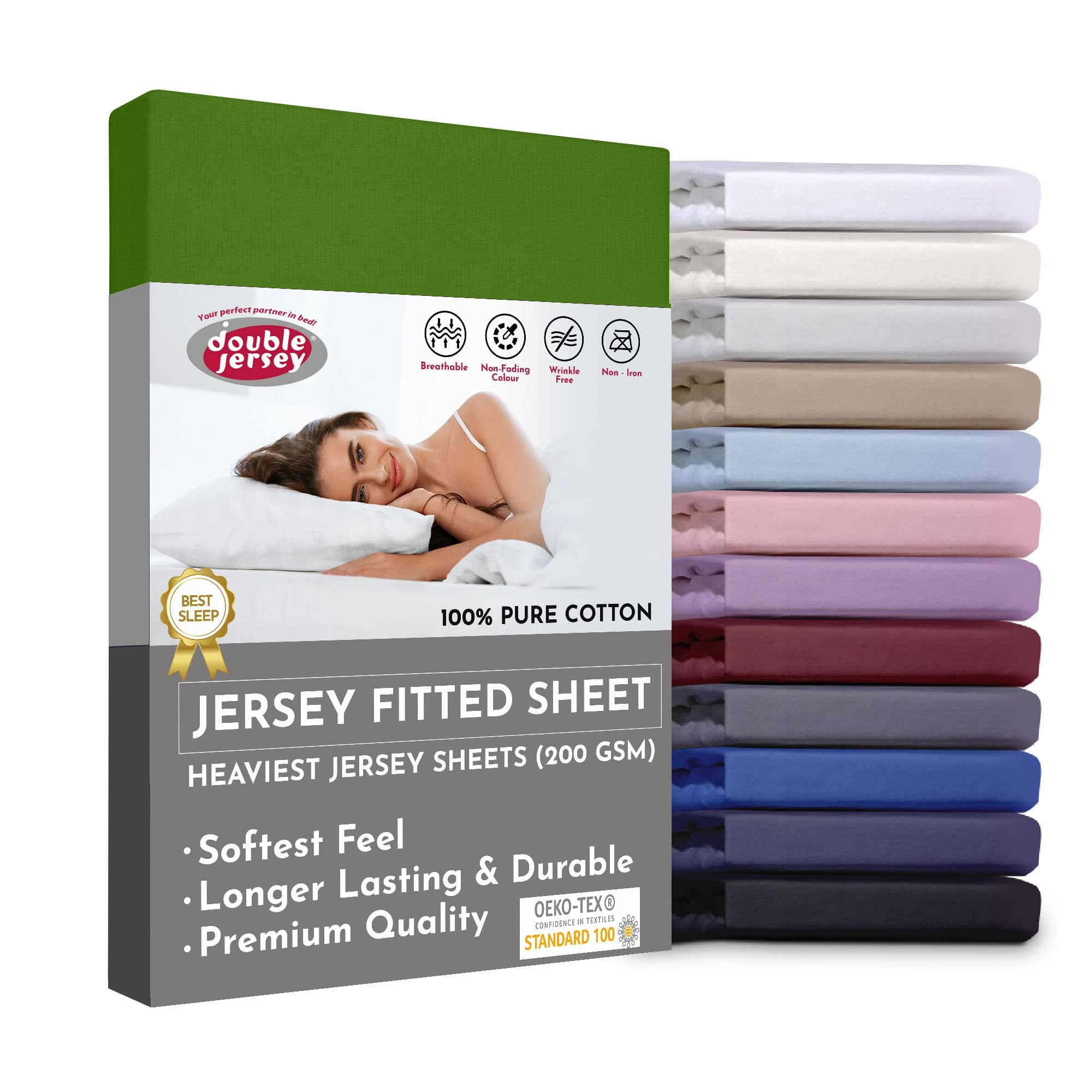 Double Jersey Fitted Sheet 100% Soft Cotton - Double-Knitted High-Fiber Fabric Density, Smooth Non-Iron with All-Around Elastic, Sheets for 32cm Bed Mattress Height - Green, 140x200+32