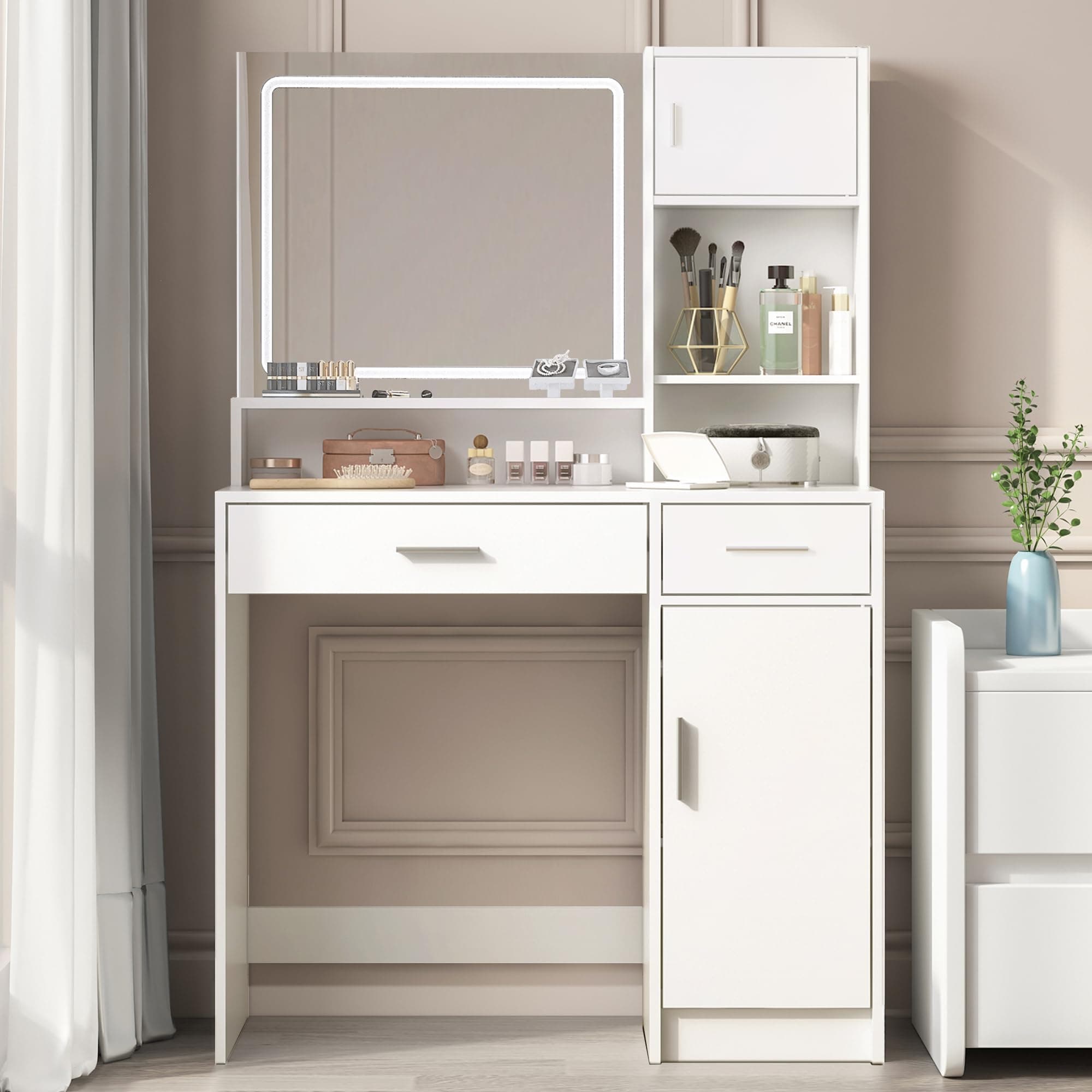 Palimder Vanity Desk with Mirror & Light, Large Drawer & Three Level Storage Dresser, 3 Lighting Modes Adjustable Brightness, Bedroom Dressing Table Pearl White