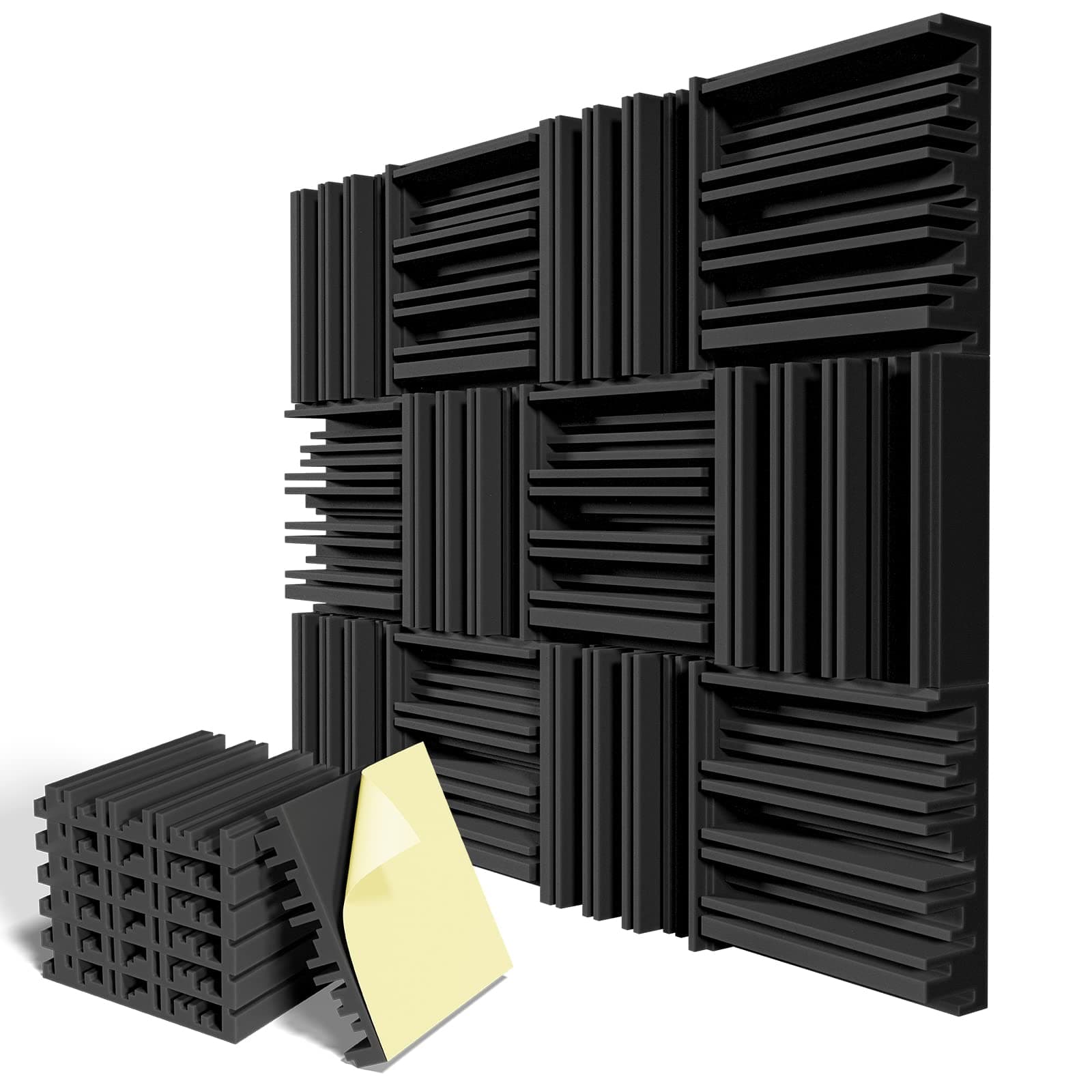 12 Pack Self-Adhesive Sound Proof Foam Panels,12 X 12 X 2 inches Acoustic Foam,High Resilience Sound Proofing Padding for Wall,Sound Absorbing Panels Suitable for Home Studios, Offices - Black