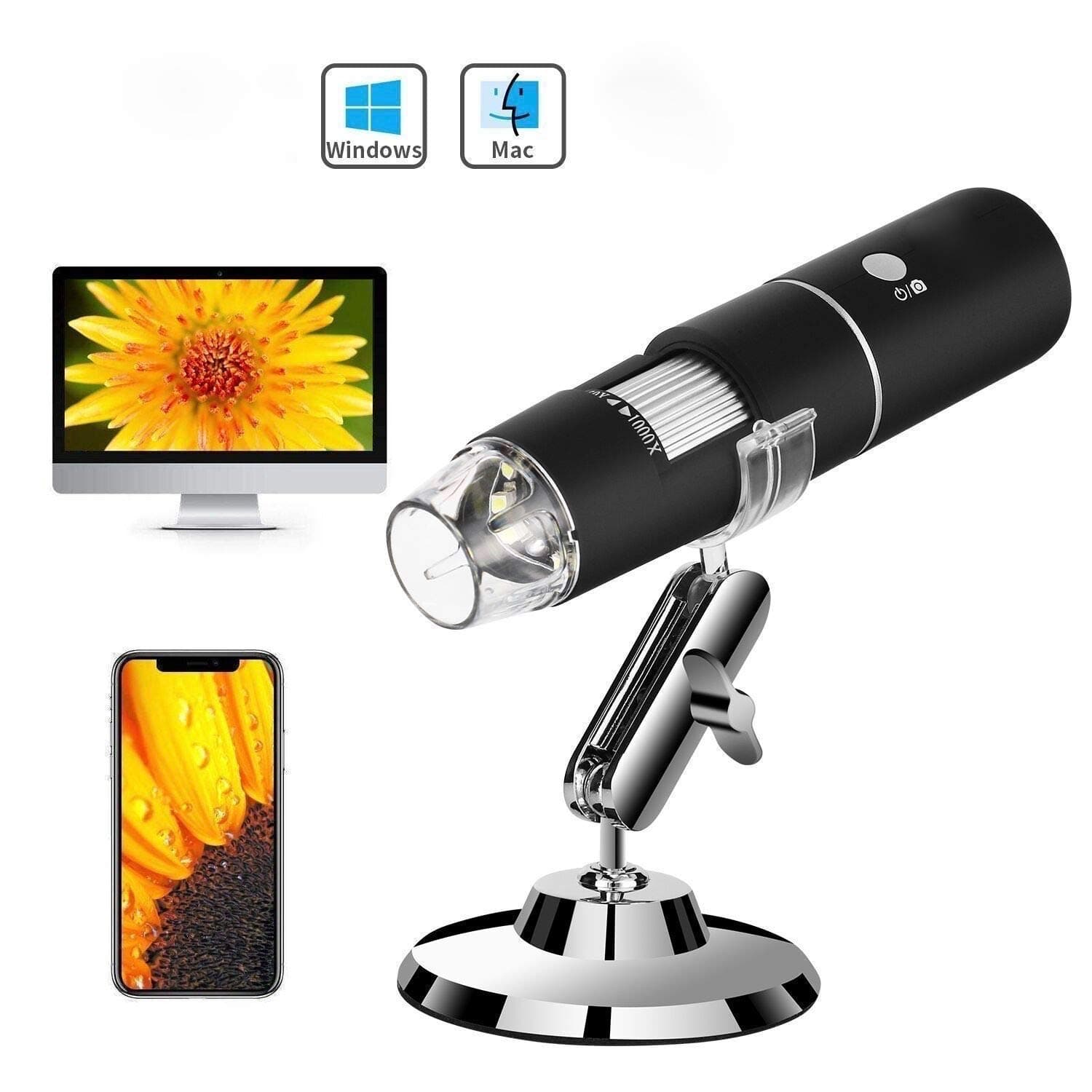 50 to 1000x Magnification Endoscope, 8 LED USB 2.0 Digital Microscope, Mini Camera with Metal Stand, Compatible with Mac & Window 7 8 10 for PCB Inspection/Measurement