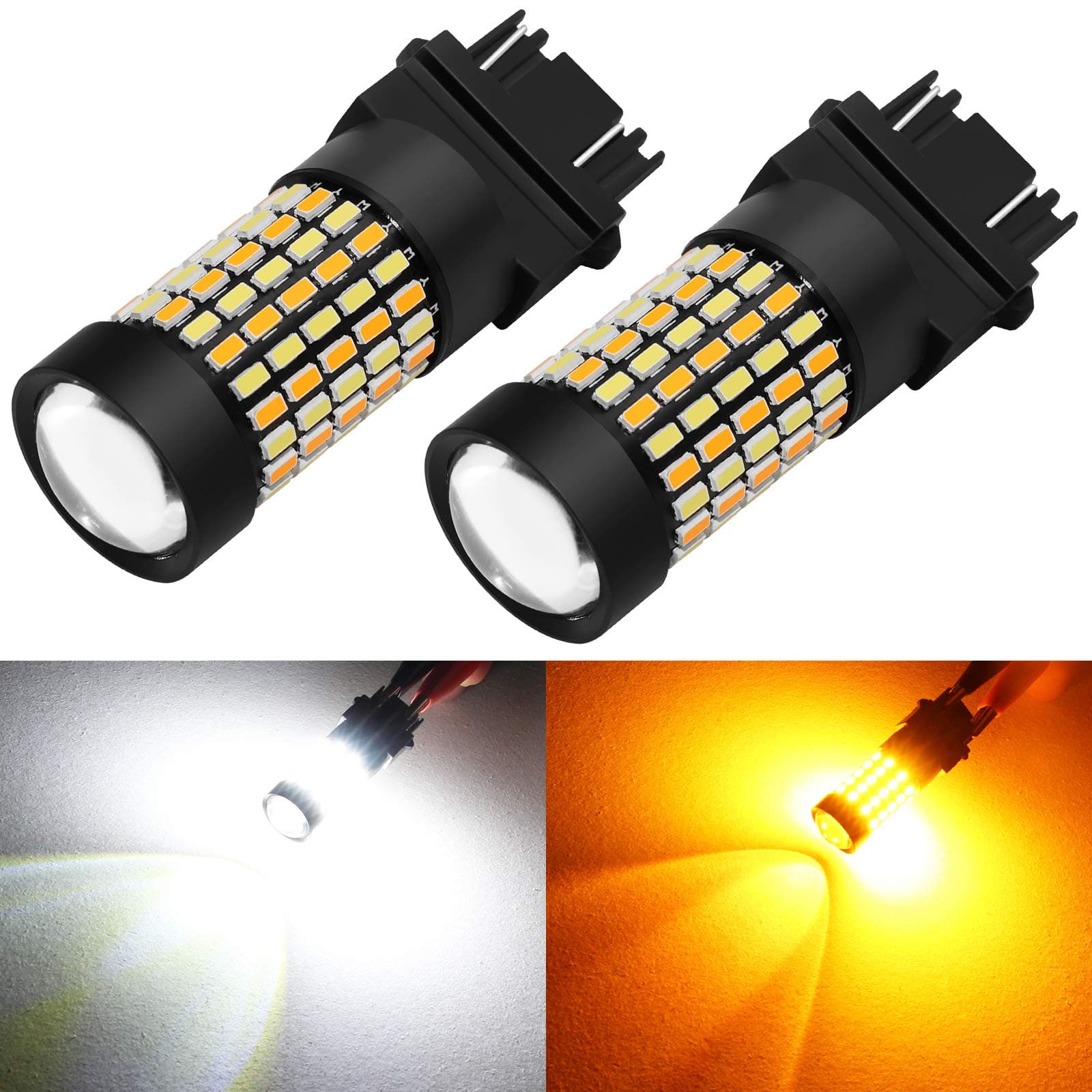 Super Bright White Amber Dual Color Switchback 3157 3155 3057 3457 4157 LED Bulbs with Projector for Car Front Turn Signal Parking Lights, Pack of 2