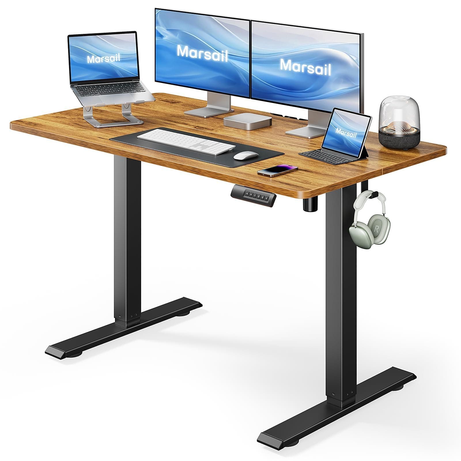Marsail 48x24 Electric Standing Desk - Adjustable Height Computer Desk with Memory Presets, Storage Bag & Cable Management for Home Office & Gaming Workstations