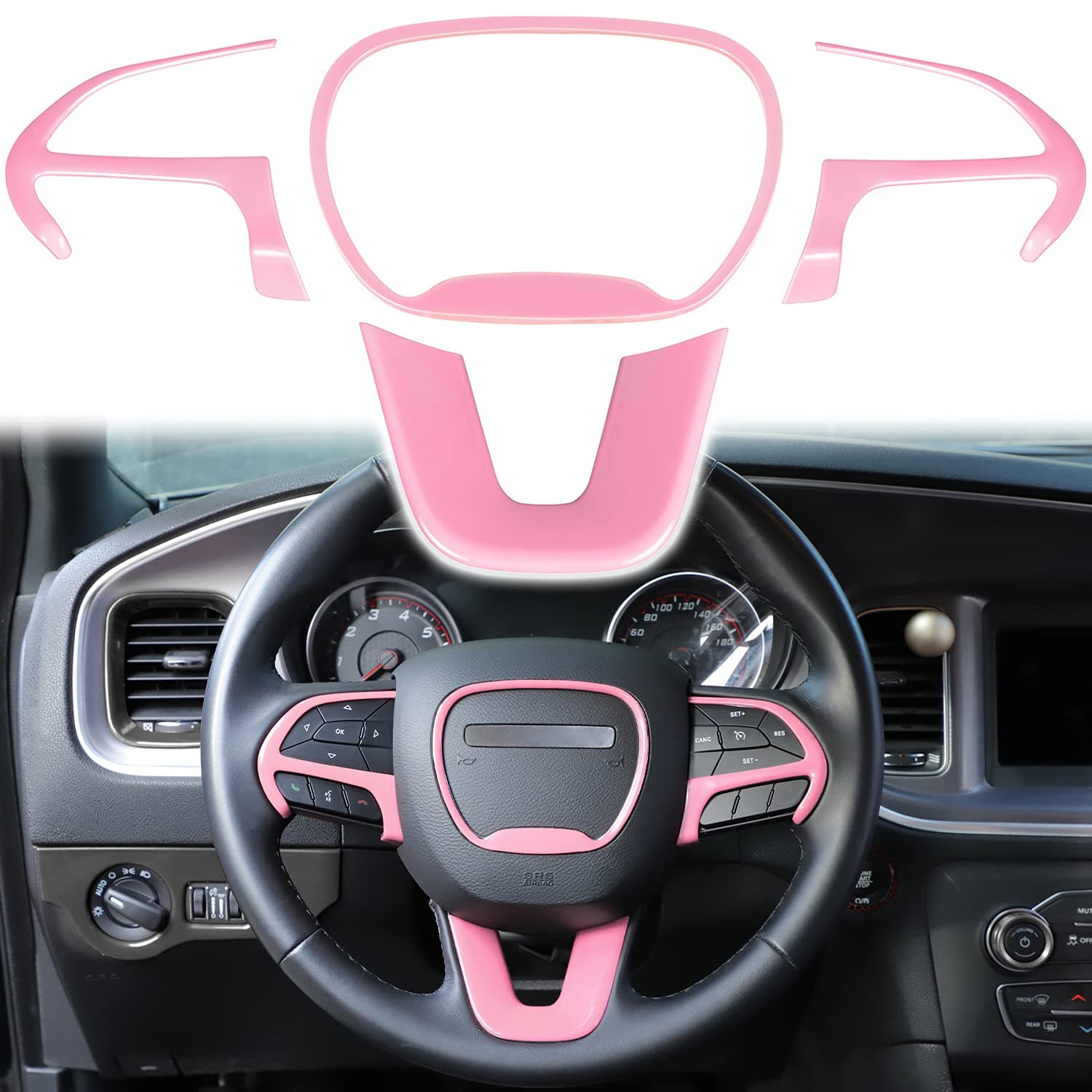 LAIKOU 4PCs Steering Wheel Cover Trim Ring Frame Kit Overlay Interior Accessories fit for 2015-2021 Dodge Challenger Charger fit for 2014-2021 Durango & for Jeep Grand Cherokee SRT8 (Baby Pink)