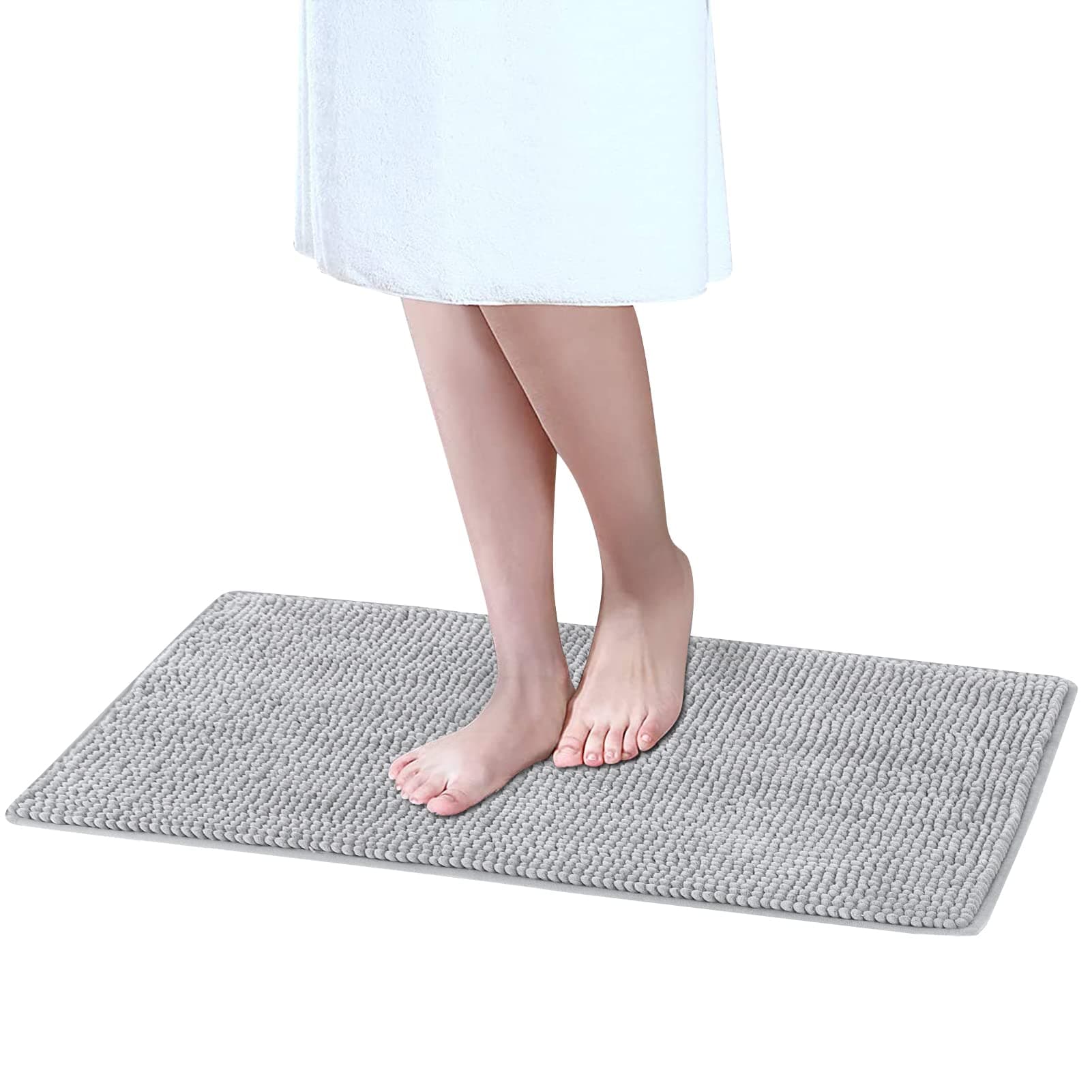 XIYUNTE Grey Bath Mat - 80 x 50cm Chenille Non Slip Bath Mats for Bathroom, Super Absorbent Bathroom Rug Floor Mat, Soft Shaggy Bathroom Mats for Shower, Tub and Floor, Machine Washable
