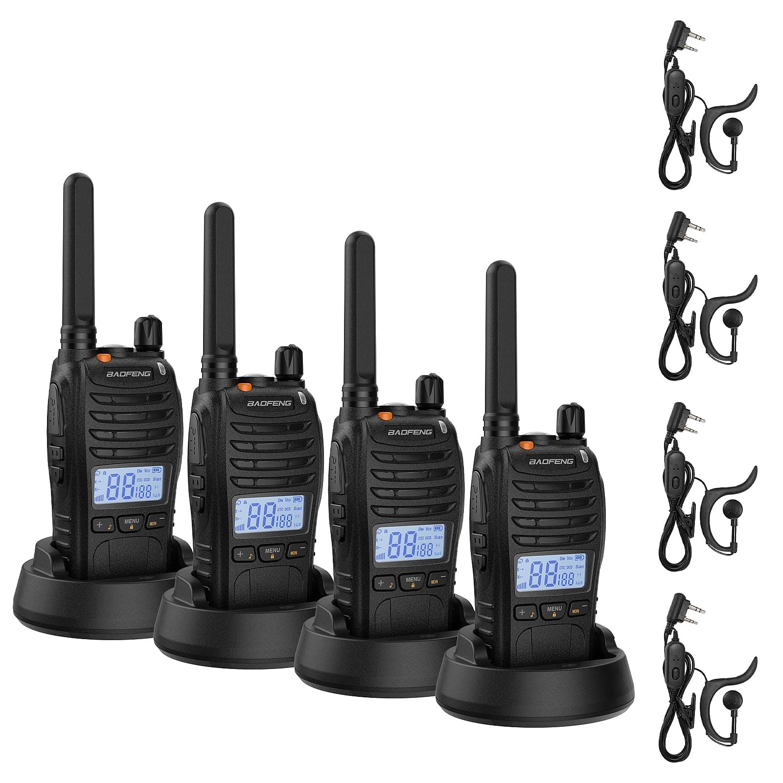 BF-88ST Pro Walkie Talkie, Upgraded Long Range Rechargeable License-Free PMR446 Two Way Radios with LCD Display, VOX Dual Watch, Desktop Charger and Earpieces, 4 Pack