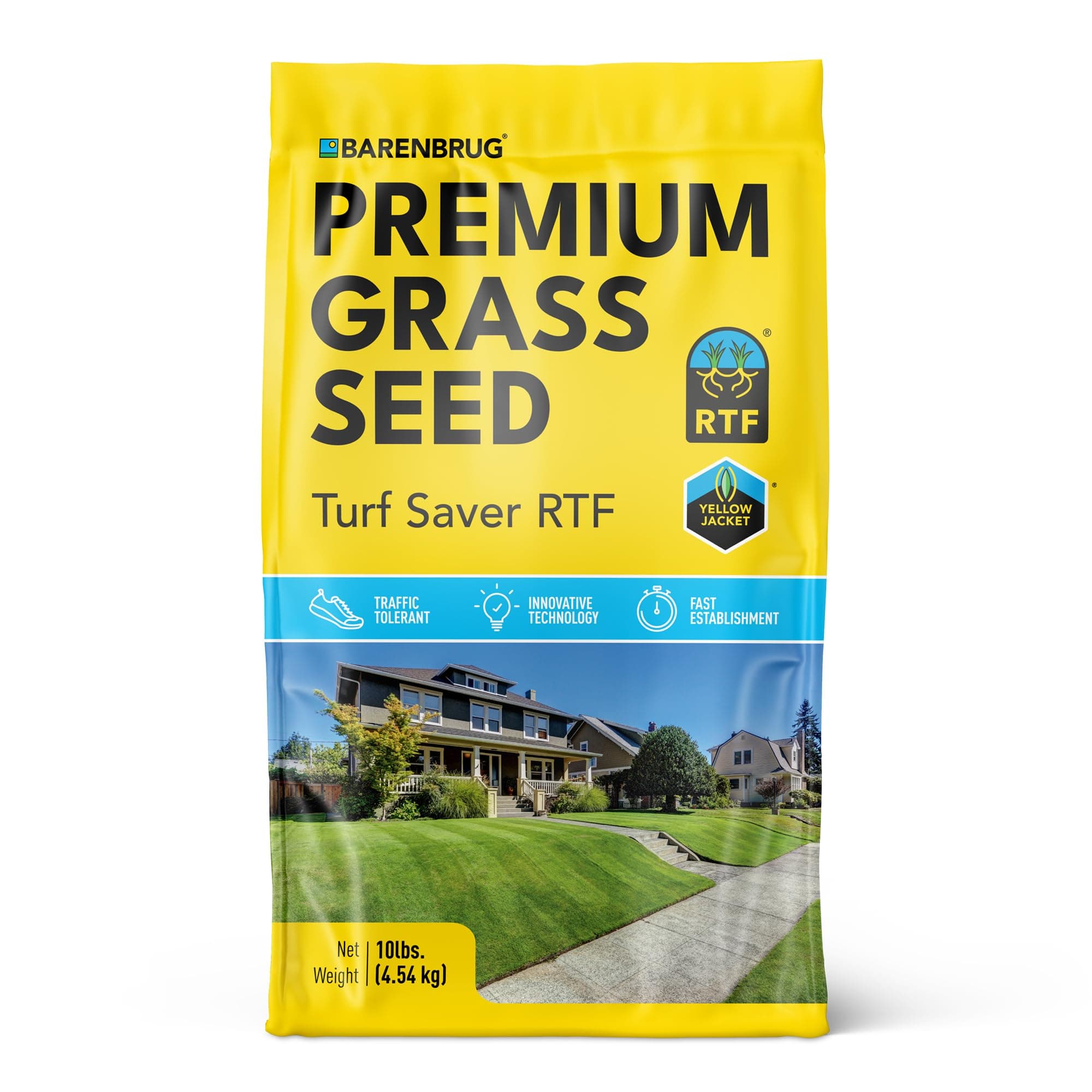 Barenbrug Turf Saver RTF Grass Seed with Yellow Jacket Seed Coating - Less Water Self-Repairing Tall Fescue Turf for Use on Sports Field, Golf Courses, Parks, Lawns, and Yard (10 LB Bag)