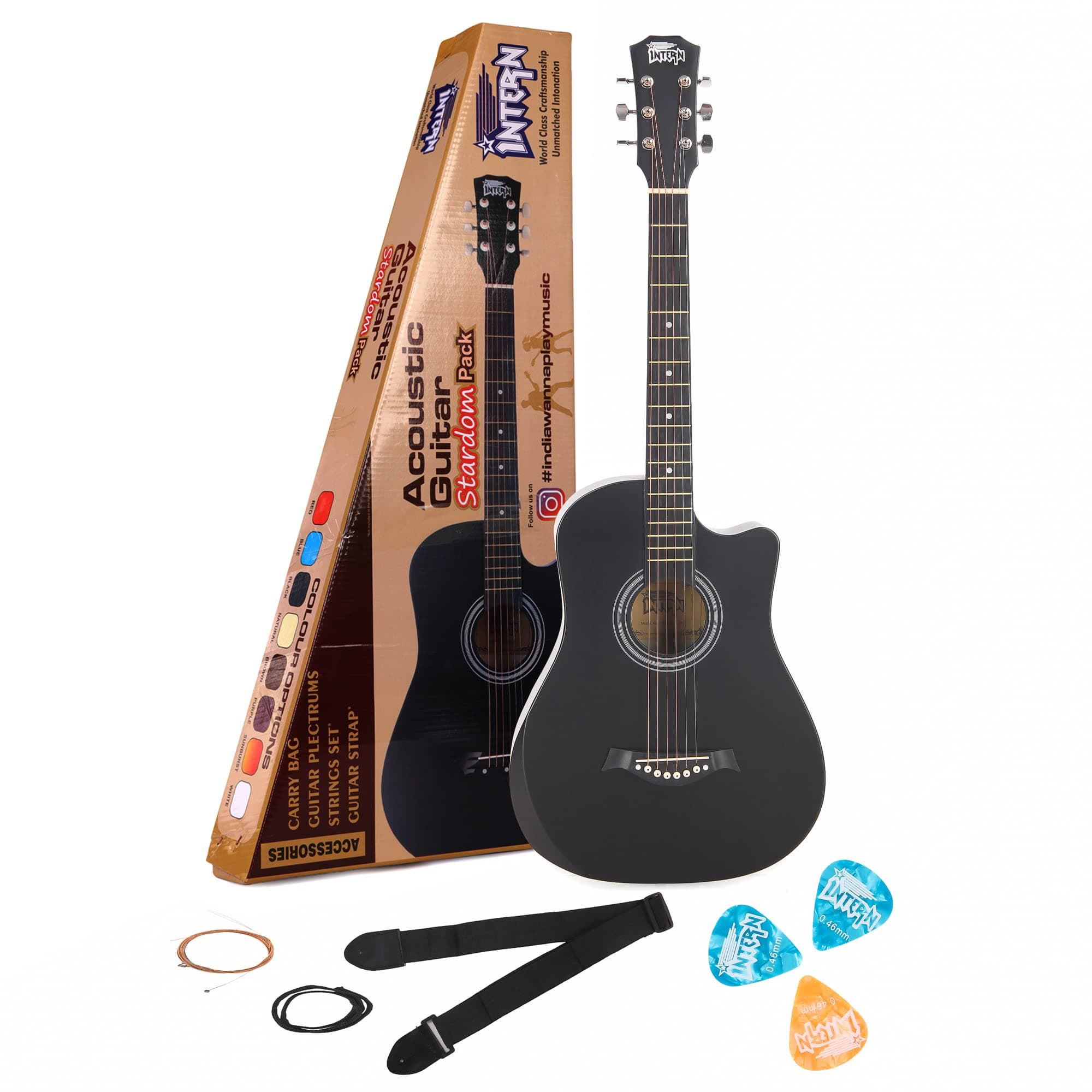 INTERN Cutaway Design Acoustic Guitar Pack -Humidity Proof, Bend resistance, Durable Action, Natural tone & bright resonance. Black Carbon Fibre/Fiber Guitar with Bag, Strap, Strings set & Plectrums.