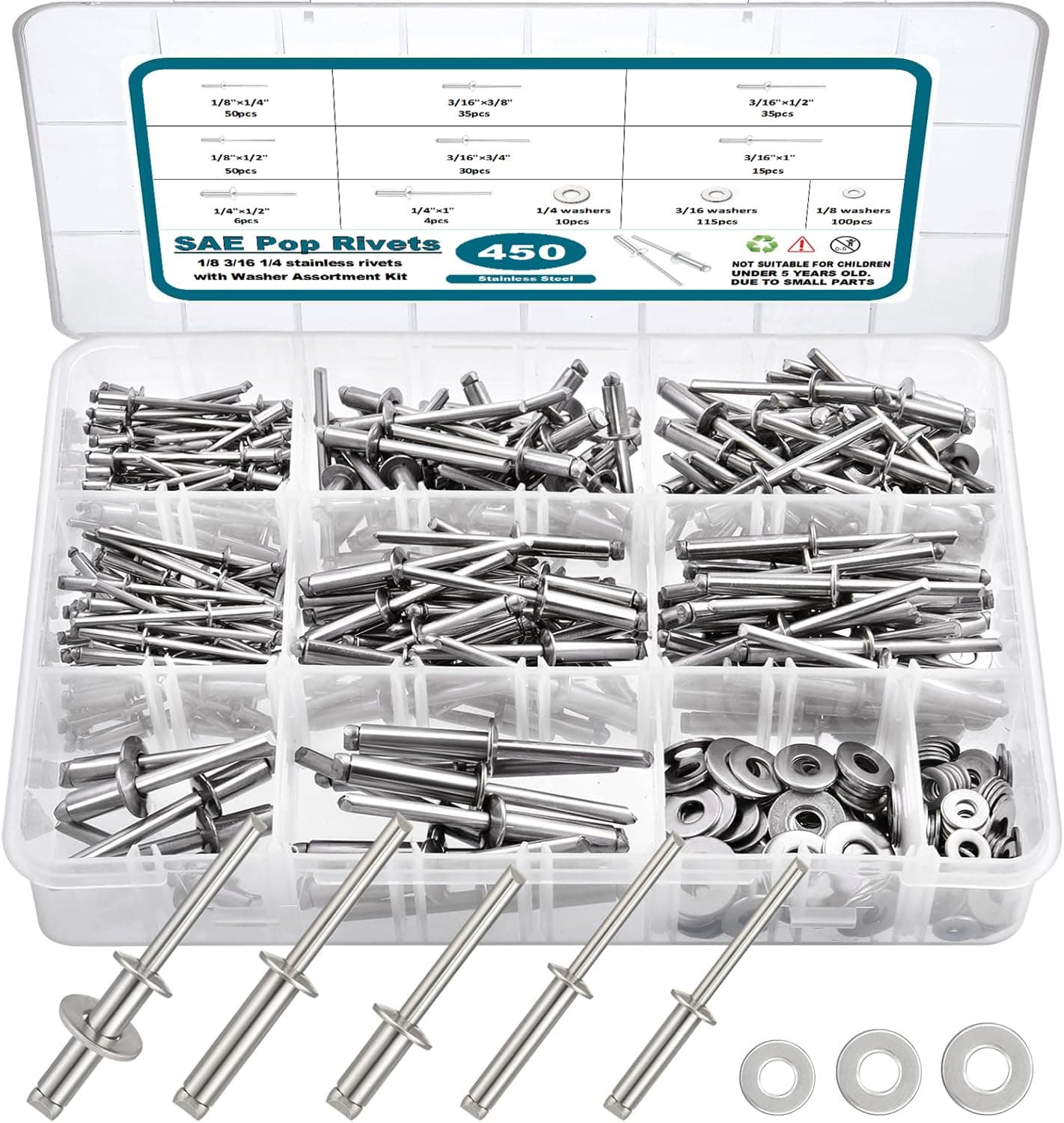 450Pcs 304 Stainless Steel Pop Rivets with Washers Assortment Kit,1/8" 3/16" 1/4" Assorted Blind Rivets 8 SAE Sizes,DIY/Home/Automotive Repairs