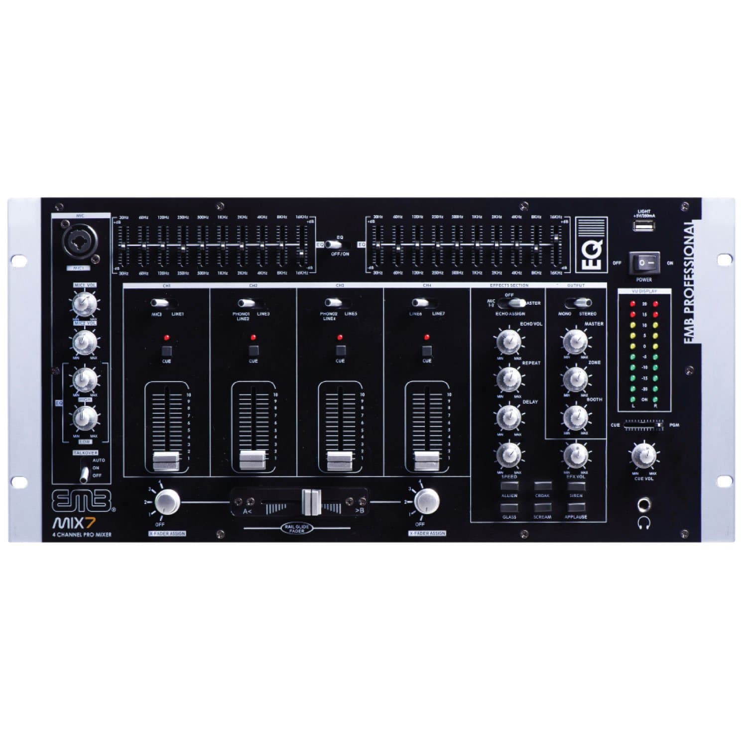 EMB MIX7 19" Rack Mount 4 Channel Professional Mixer w/Adjustable cross faders and more