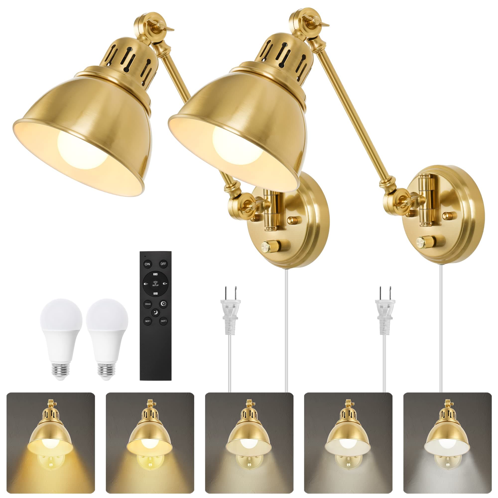 GOODATE Plug in Wall Sconces Set of Two with Remote, Stepless Colors 2700K-6500K & Stepless Dimming, Premium Golden Finish, Plug in Wall Light with Night Light & Timer, LED Bulbs Included