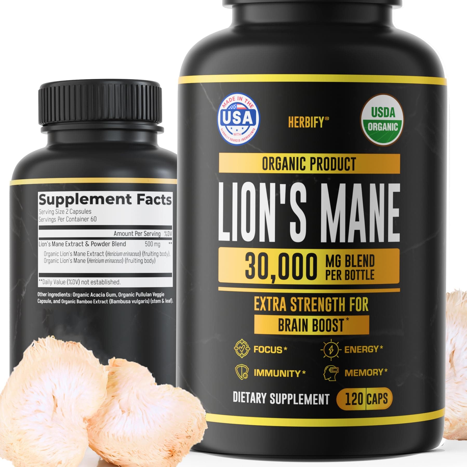 HERBIFY Lions Mane Supplement - Daily Mushroom Supplement for Memory, Focus & Clarity - Brain Booster - Lions Mane Capsules for Natural Immune Support - Vegan, Organic - 120 Capsules