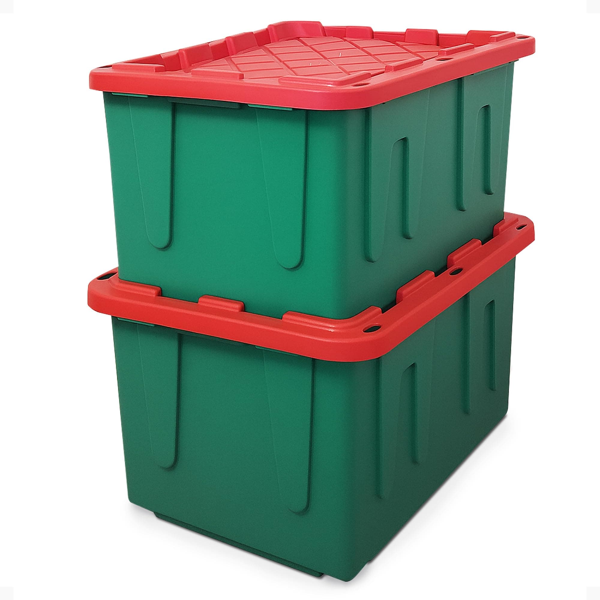 - HOMZ 2-Pack Durabilt, Heavy Duty Plastic Storage Bins with Lids, 27 Gallon, Green/Red - Stackable Container Boxes for Holiday, Attic, and Garage Organization