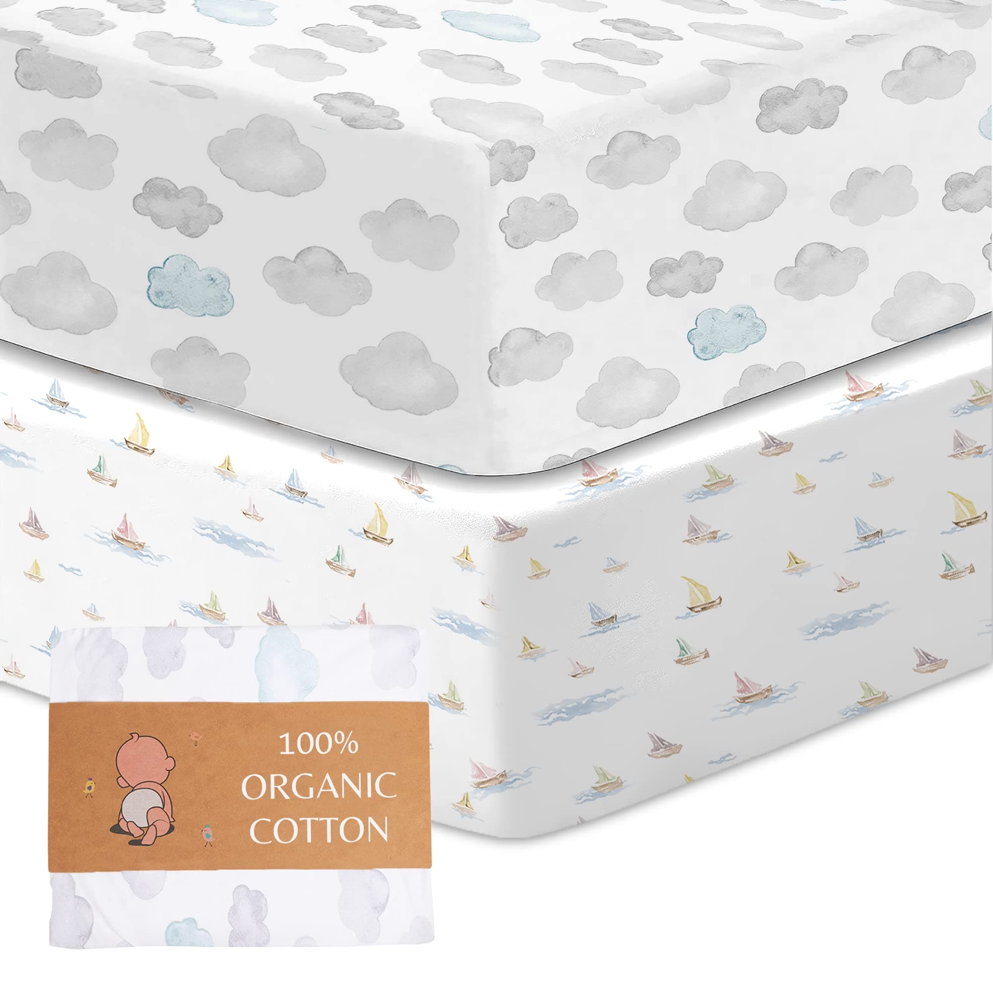 Organic Cotton Crib Sheets (2-Pack) - 100% GOTS Certified Bedside Crib Sheets - Fits Up To 140x70 cm / 28x52 Inches - Breathable Baby Crib Sheets, Double-Elastic for Secure Fit & Extra Protection