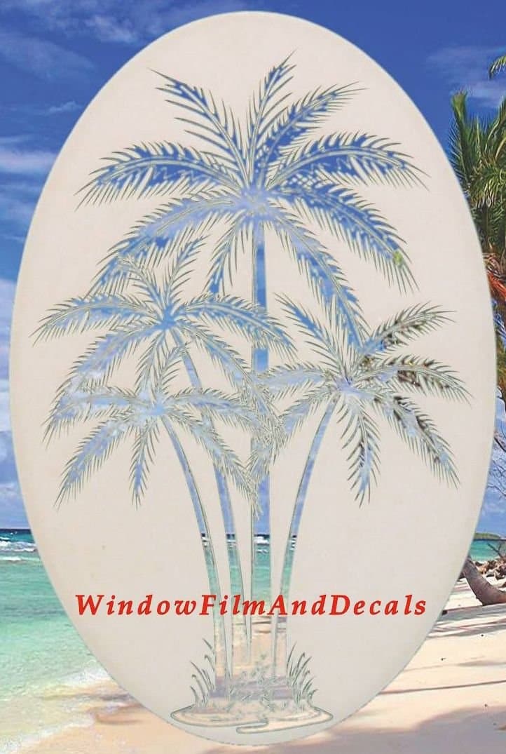 Oval Palm Tree Etched Window Decal Vinyl Glass Cling - 21" x 33" - White with Clear Design Elements