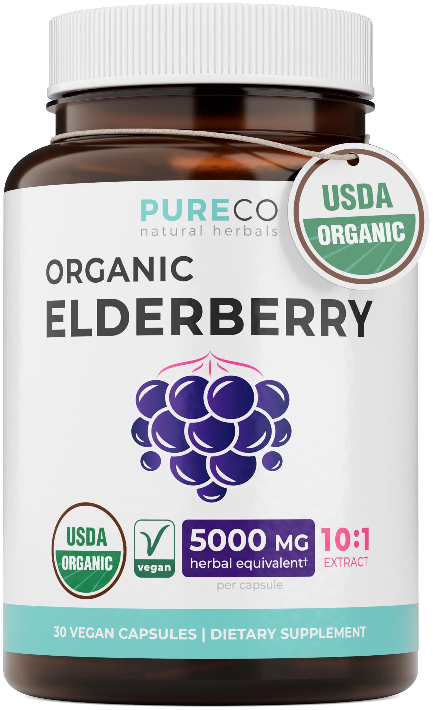 PURE CO Organic Elderberry 10:1 Extract 500mg Per 1 Capsule Serving - Vegan Black Elderberry Supplement for Immune Support, Allergy, Sinus Relief - Sambucus Nigra - 30 Caps