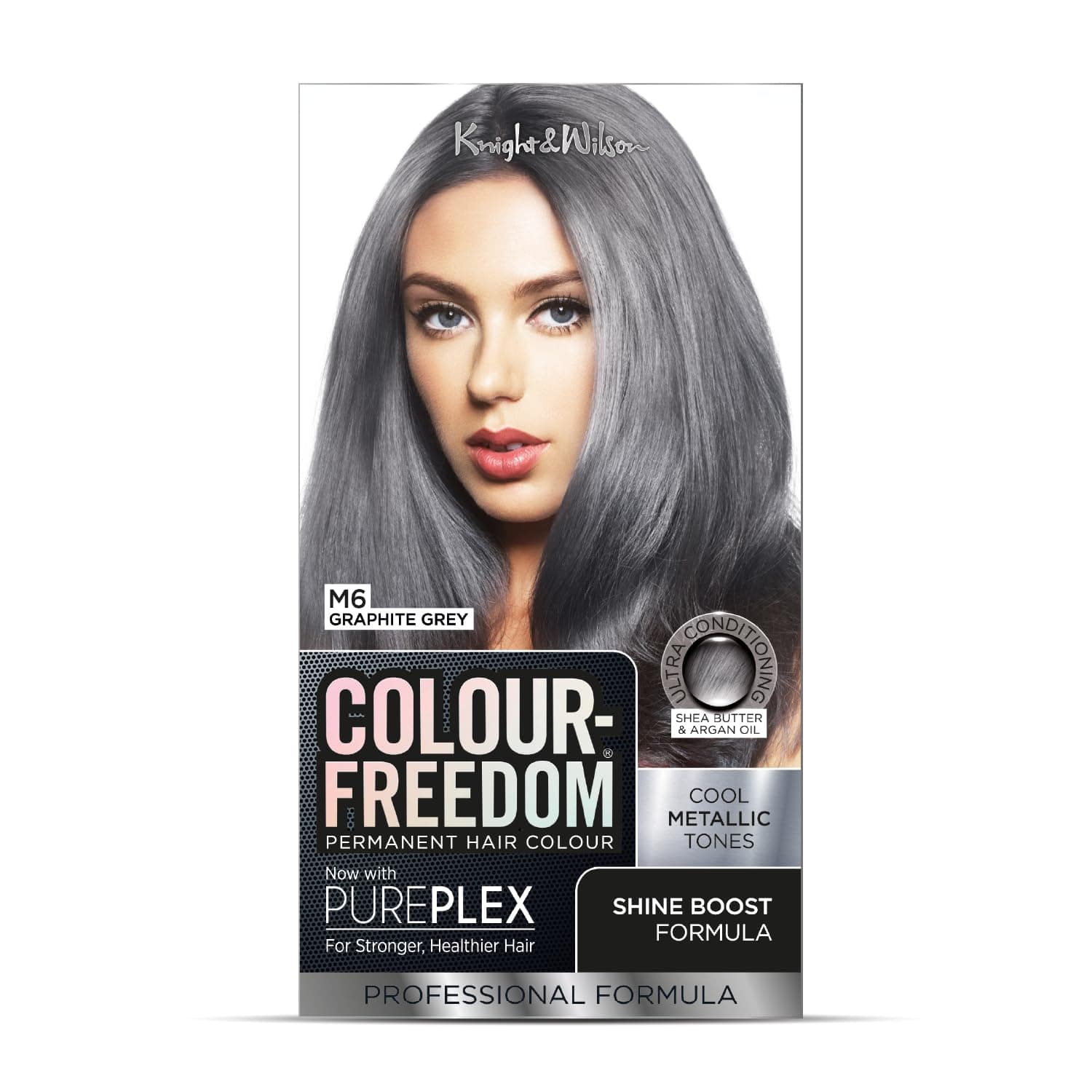 Colour Freedom Metallic Graphite Grey Permanent Hair Dye with PurePlex. Ultra Glossy Conditioning Hair Colour. 100% grey coverage. By Knight & Wilson.