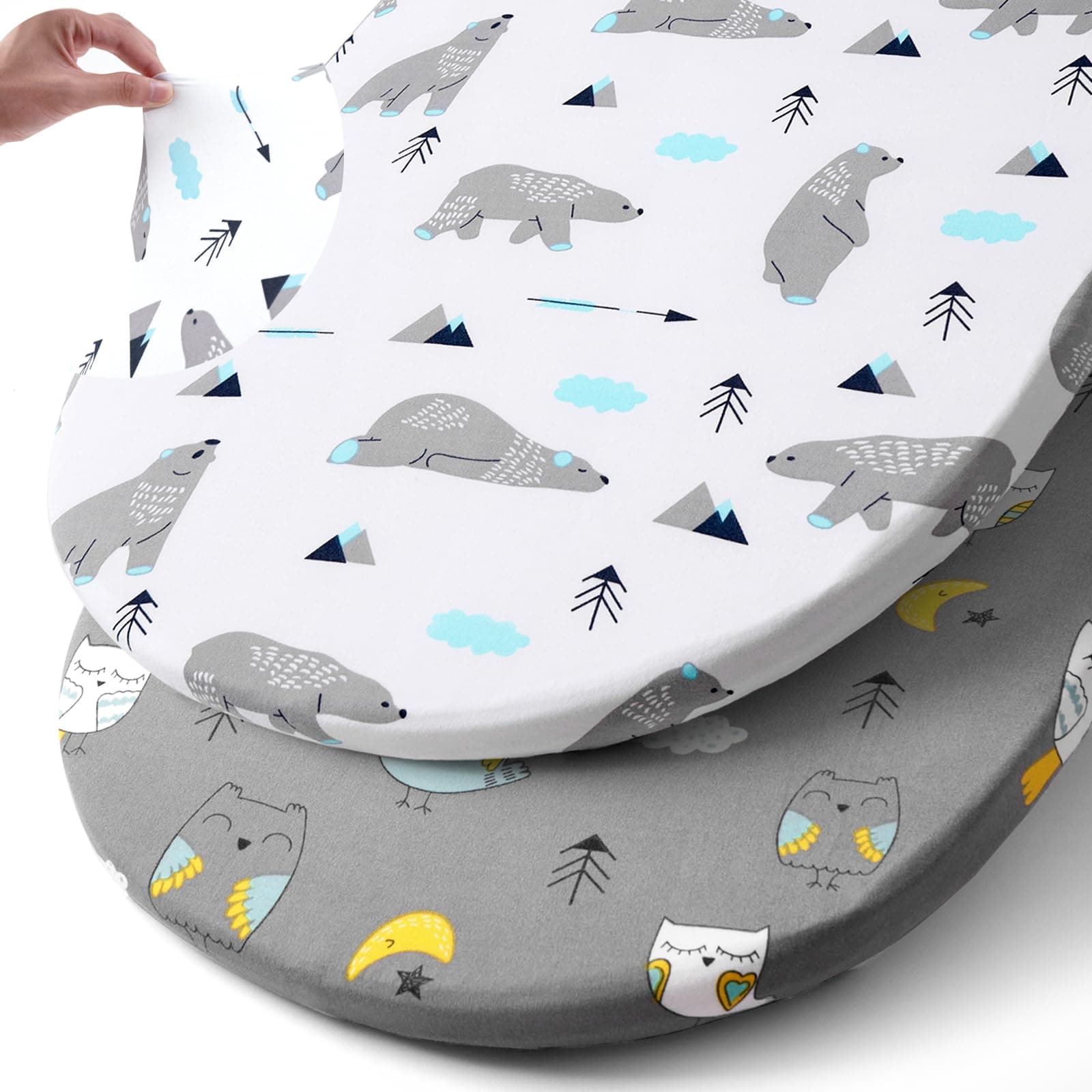 Stretchy Bassinet Sheet Set BROLEX 2 Pack Snug Fitted Cradle Fitted Sheets for Bassinet Pads/Mattress, for Boys Girls,Unisex,Ultra Soft Breathable,Owl Bear