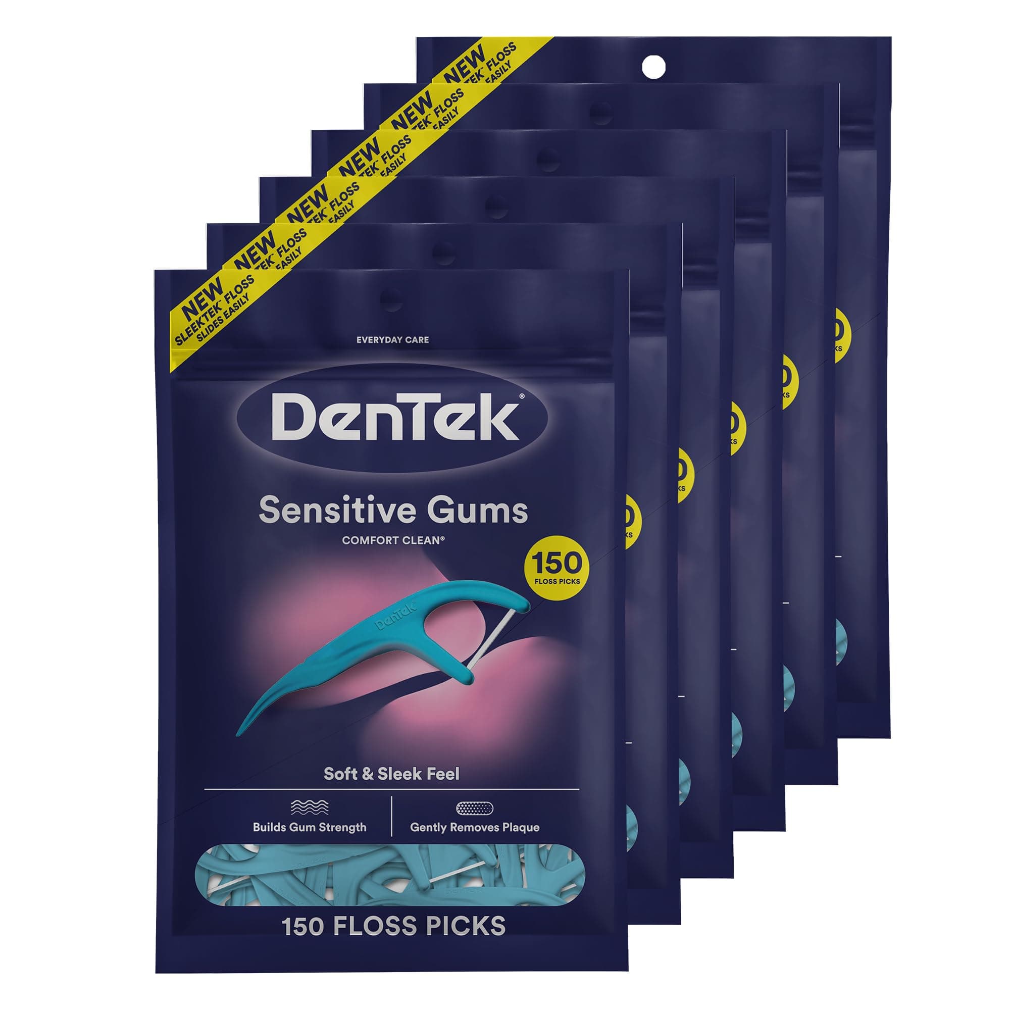 Comfort Clean Sensitive Gums Floss Picks, Soft & Silky Ribbon, 150 Count, 6 Pack (Blue)