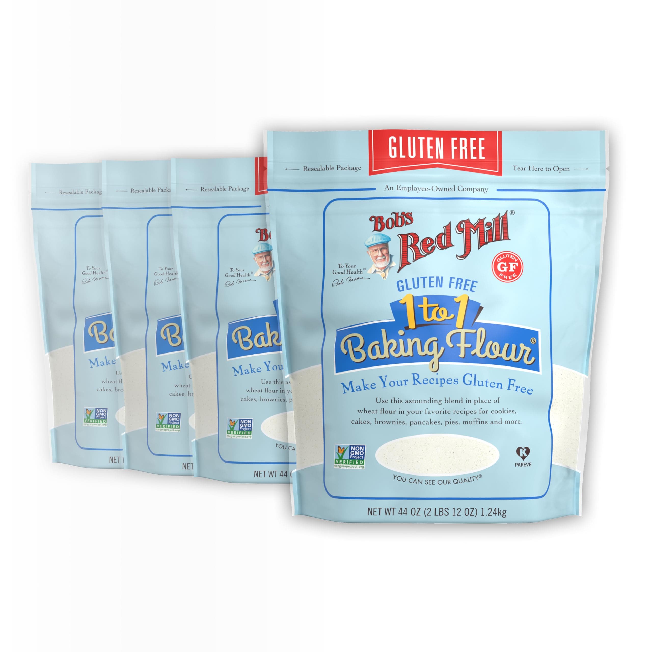 Bob's Red Mill Gluten Free 1 to 1 Baking Flour, 44oz (Pack of 4) - Non GMO, Vegan, Kosher