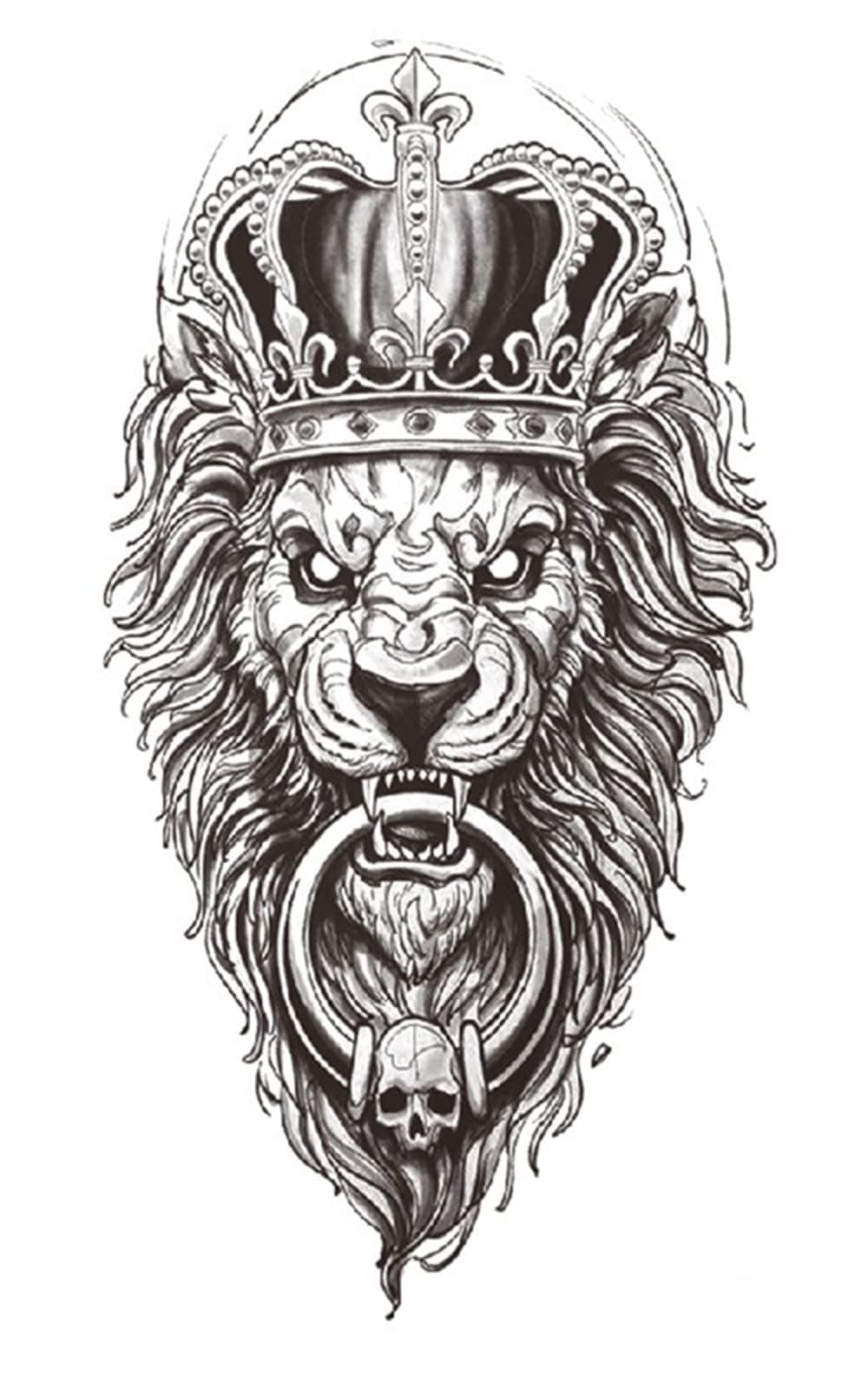S.A.V.I Temporary Tattoo Stickers, Crown on Lion Ring in Mouth Tattoo Pattern For Men, Women, Tattoo For Hand Arm, Size 21x11cm - 1Pc.