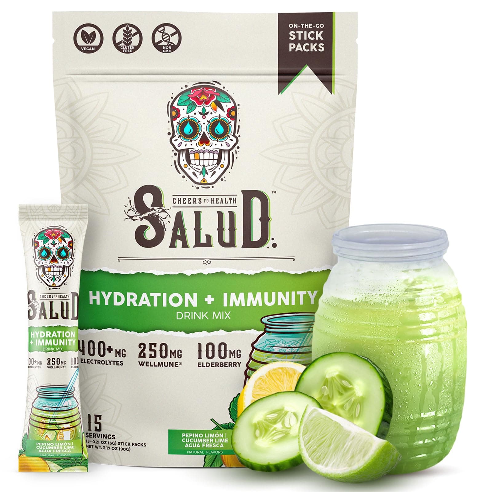 - Salud 2-in-1 Hydration Packets + Immunity Electrolytes Powder, Cucumber Lime - Agua Fresca Drink Mix, Elderberry, Dairy & Soy Free, Non-GMO, Gluten Free, Vegan, Low Calorie, 1g Sugar (15 Servings)