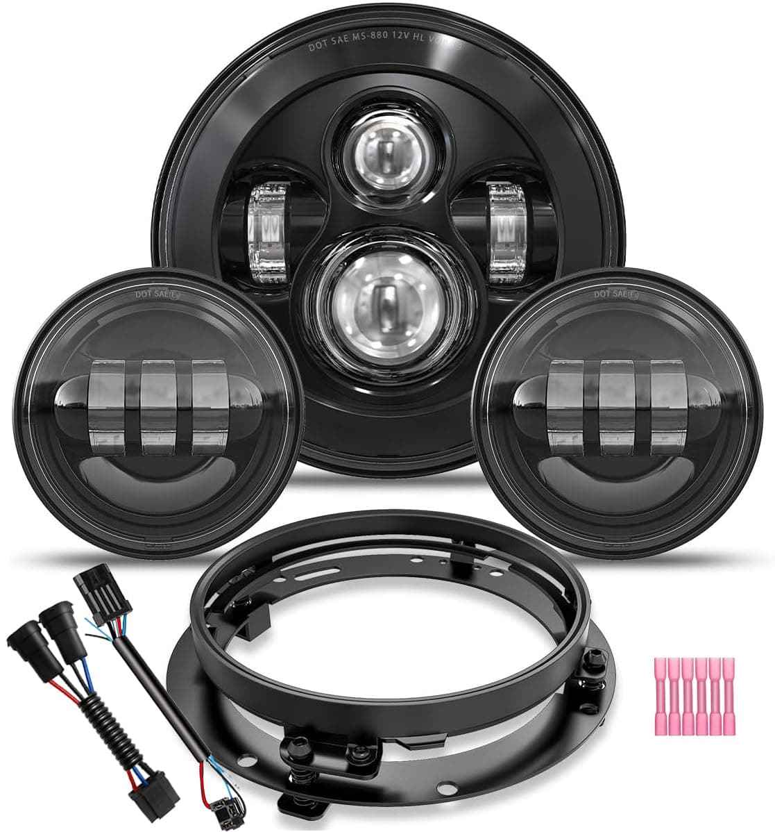 7 inch LED Headlight 4.5 Fog Passing Lights DOT Kit Set Ring Motorcycle Headlamp for Harley Davidson Touring Road King Ultra Classic Electra Street Glide Tri Cvo Heritage Softail Deluxe Fatboy Black