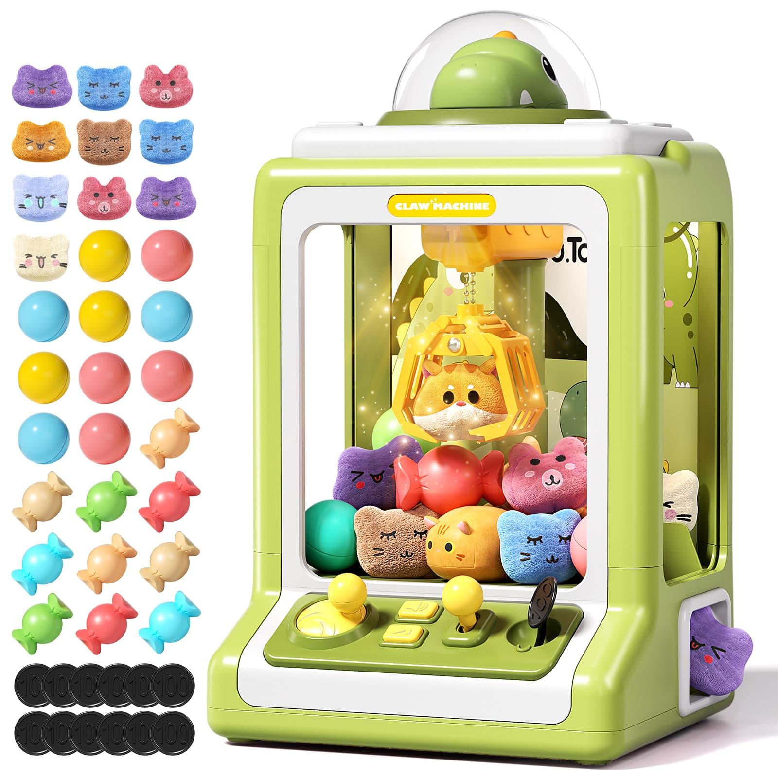 Claw Machine for Kids, Mini Vending With Game Coins & Music, Prize Dispenser Toys for Girls and Boys, Electronic Claw Game for Party Birthdays, Includes 30 Mini Toys (Dinosaur)