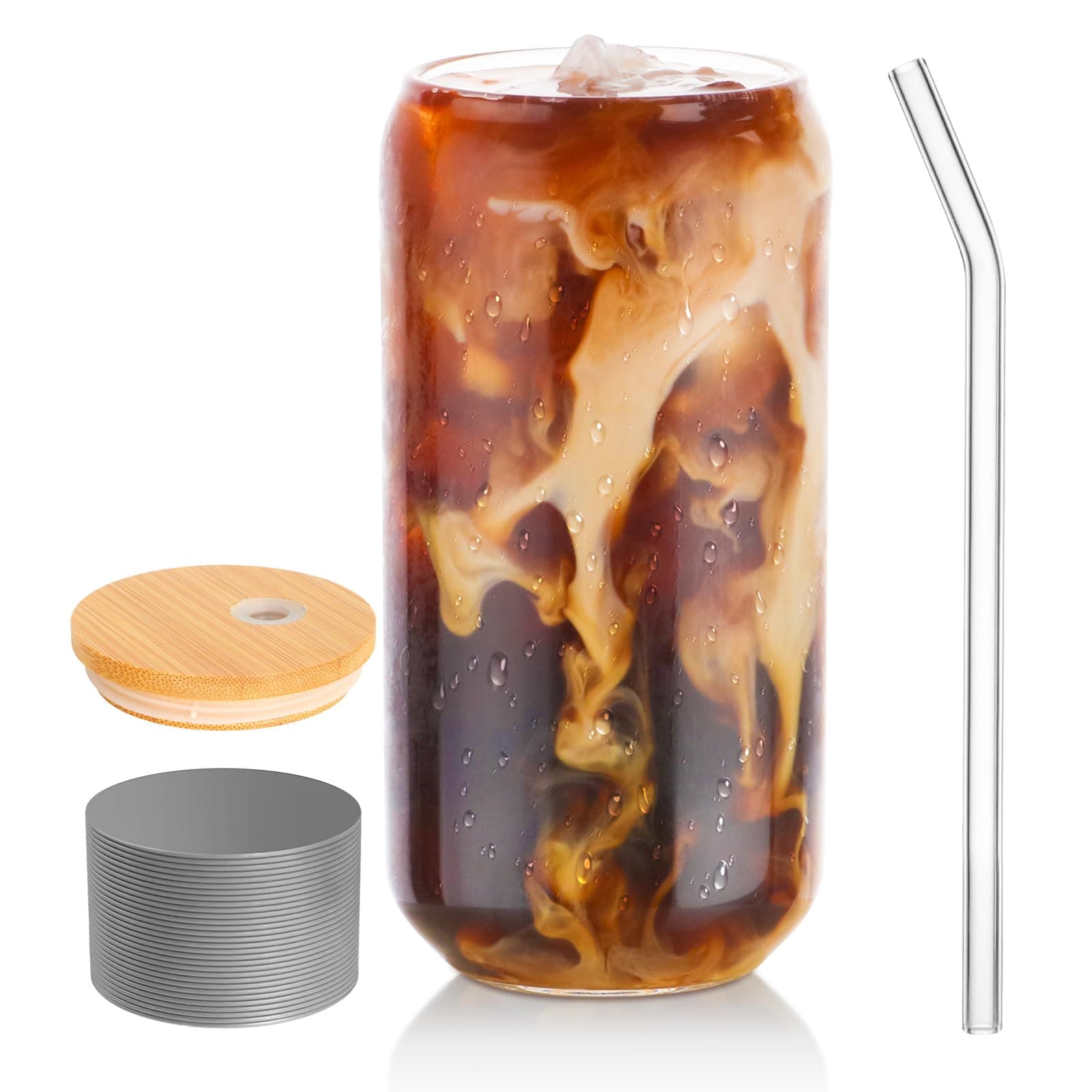 BEWAVE Drinking Glass, 16oz Can Shaped Glasses Cups, Iced Coffee Glasses, Beer Tumbler, for Whiskey, Soda, Tea, Juice, Gift, with Lid, Straw and Sleeve, 1 Pc