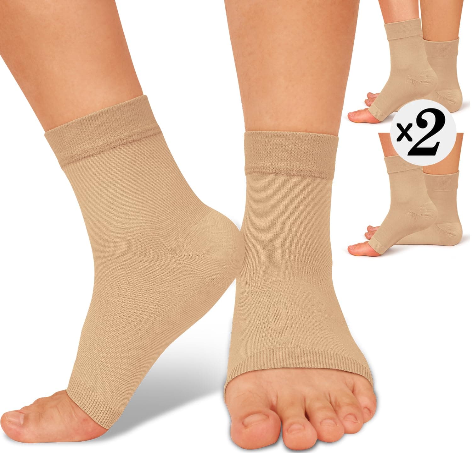 ACTINPUT 2 Pack Ankle Brace Compression Sleeve 8-15 mmHg Open Toe Сompression Socks Women&Men for Swelling,Plantar Fasciitis,Sprain Beige S/M