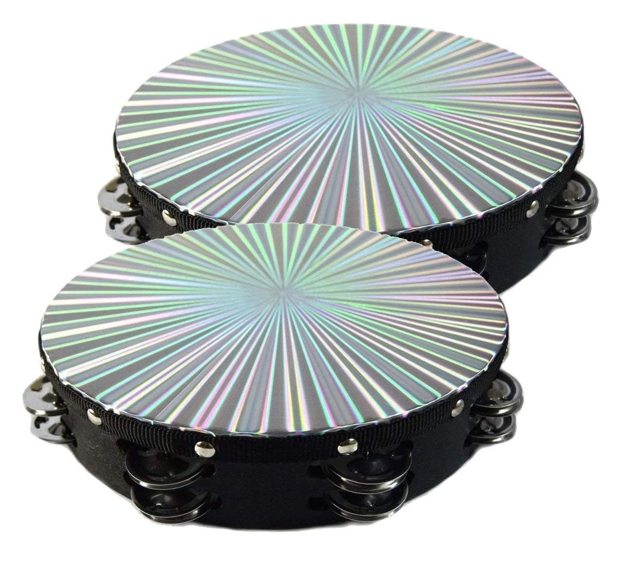 Two 10" Tambourines Reflective Laser Patern Double Row Jingle