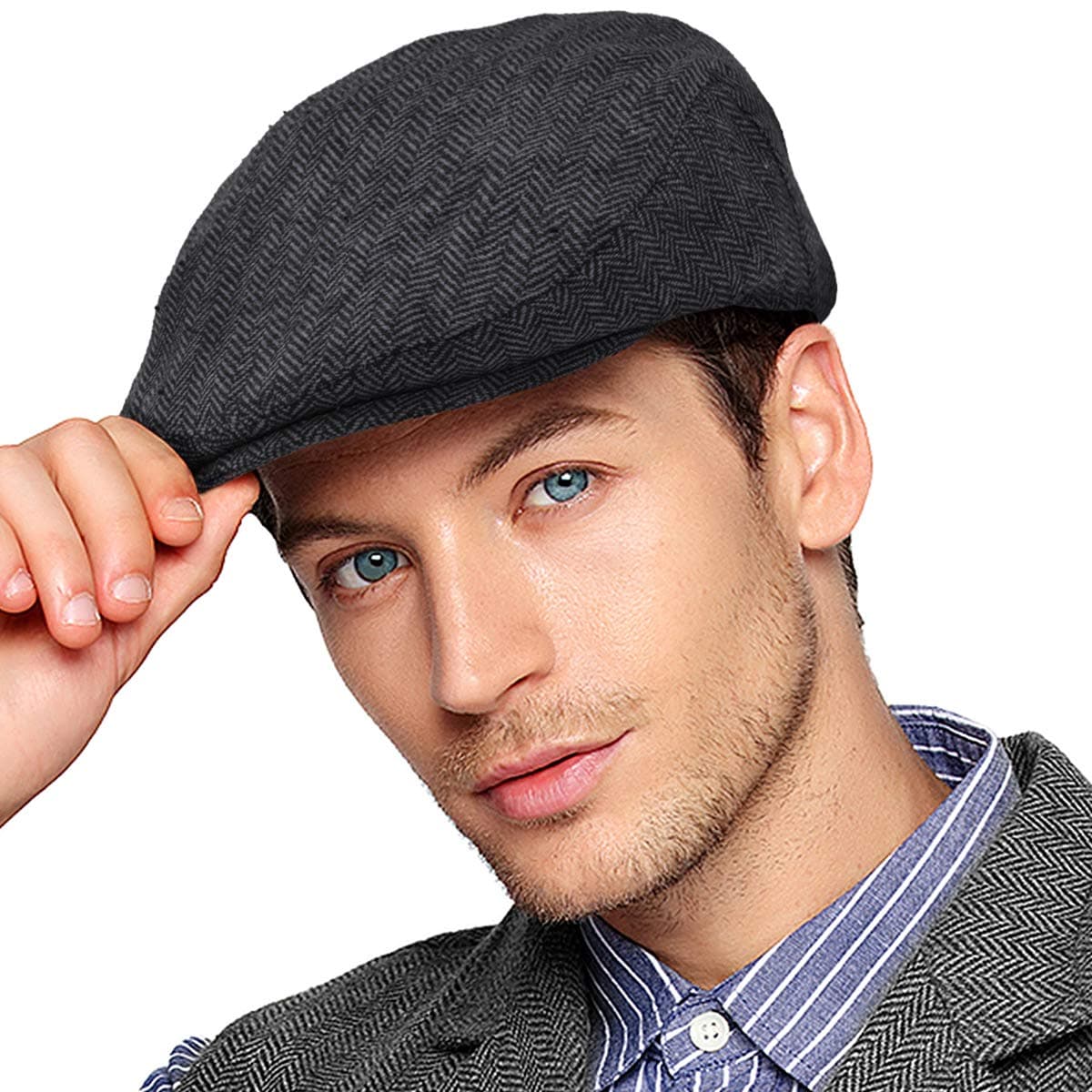 Herringbone Flat Ivy Newsboy Cap for Men Classic Wool Blend Tweed Cabbie Hat