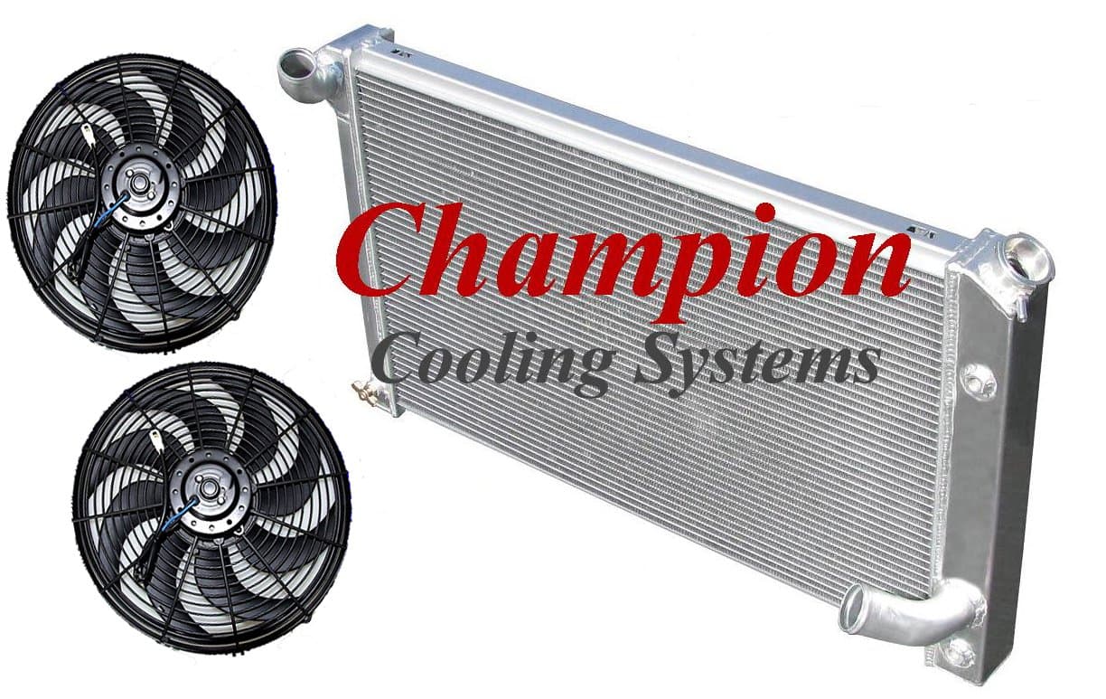 4 Row All Aluminum Replacement Radiator AND 2-12" Reversible Fans with Fan Mounting Kits for the 1973-1976 Chevy Corvette, Chevy Corvette Replacement Radiator, Chevy Corvette Radiator - (1973-1974: 350ci V8, 454ci V8. / 1976-1976: 350ci V8.) - Manufactured by Champion Cooling Systems, Part Number: MC478FAN