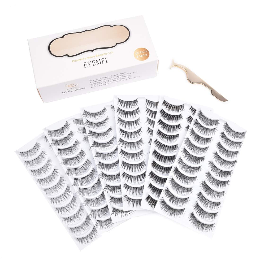 60 Pairs 6 Styles Lashes Strip Handmade False Eyelashes Multipack Eyelashes Set Natural Soft Comfortable with Eyelash Tweezers by EYEMEI