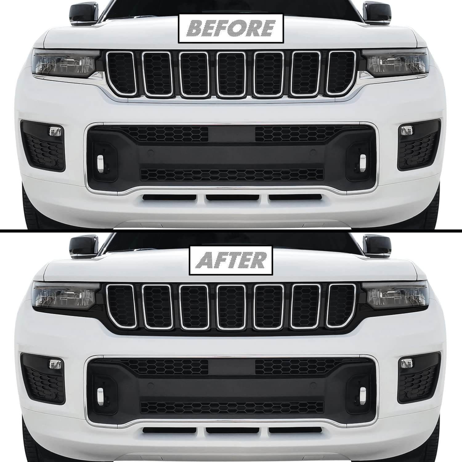 SlickMod Chrome Delete Blackout Vinyl Overlay for 2021-2023 Jeep Grand Cherokee L Front Bumper Trim (2. Front Bumper Trim, Gloss Black)